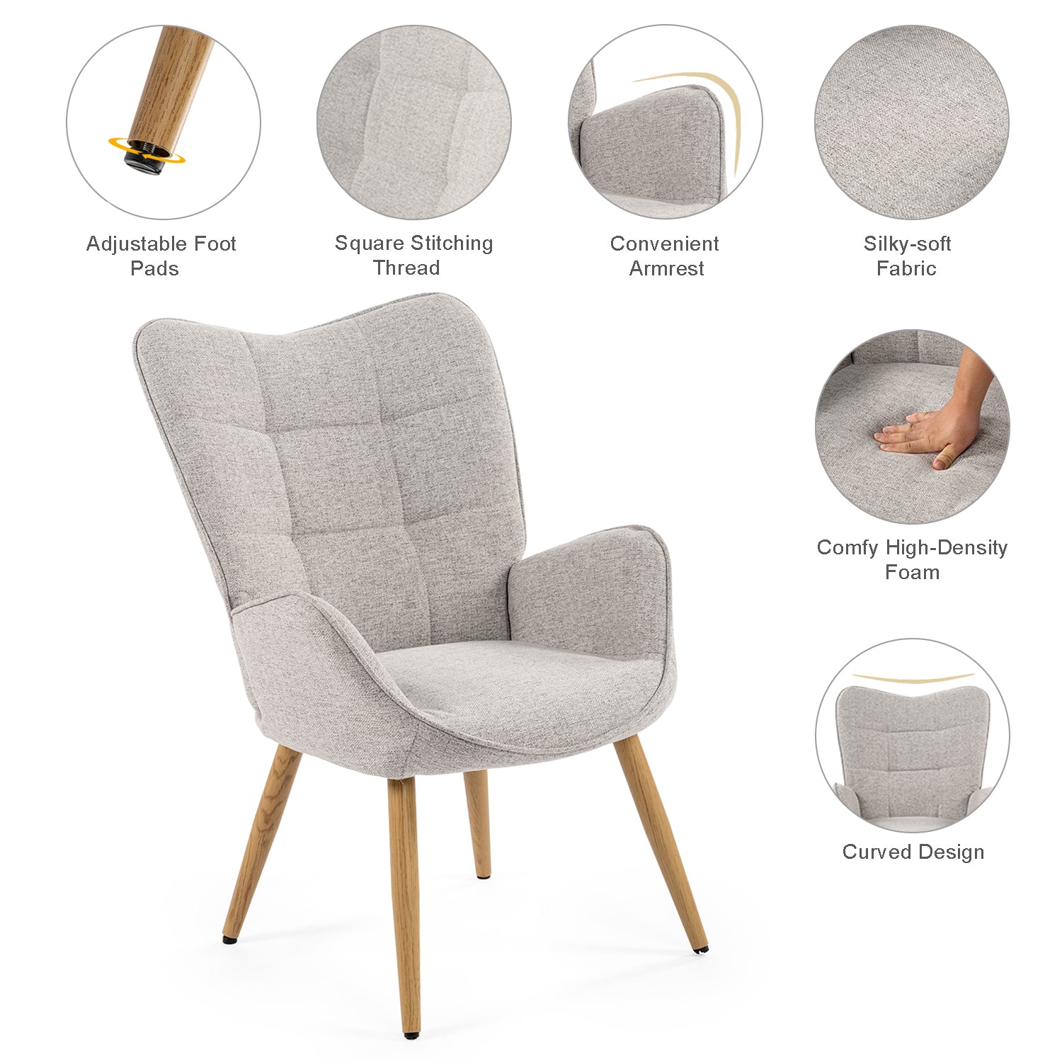 Scandinavian armchair with armrests in gray fabric with stitching - KANAS