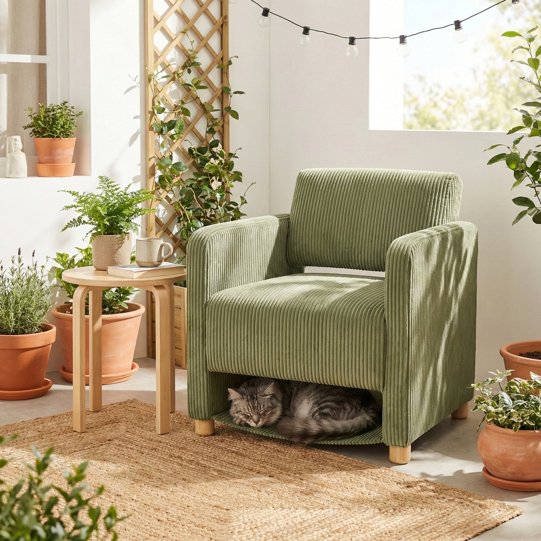 Loungesessel mit Armlehnen aus beigem Cord – DOMCO
