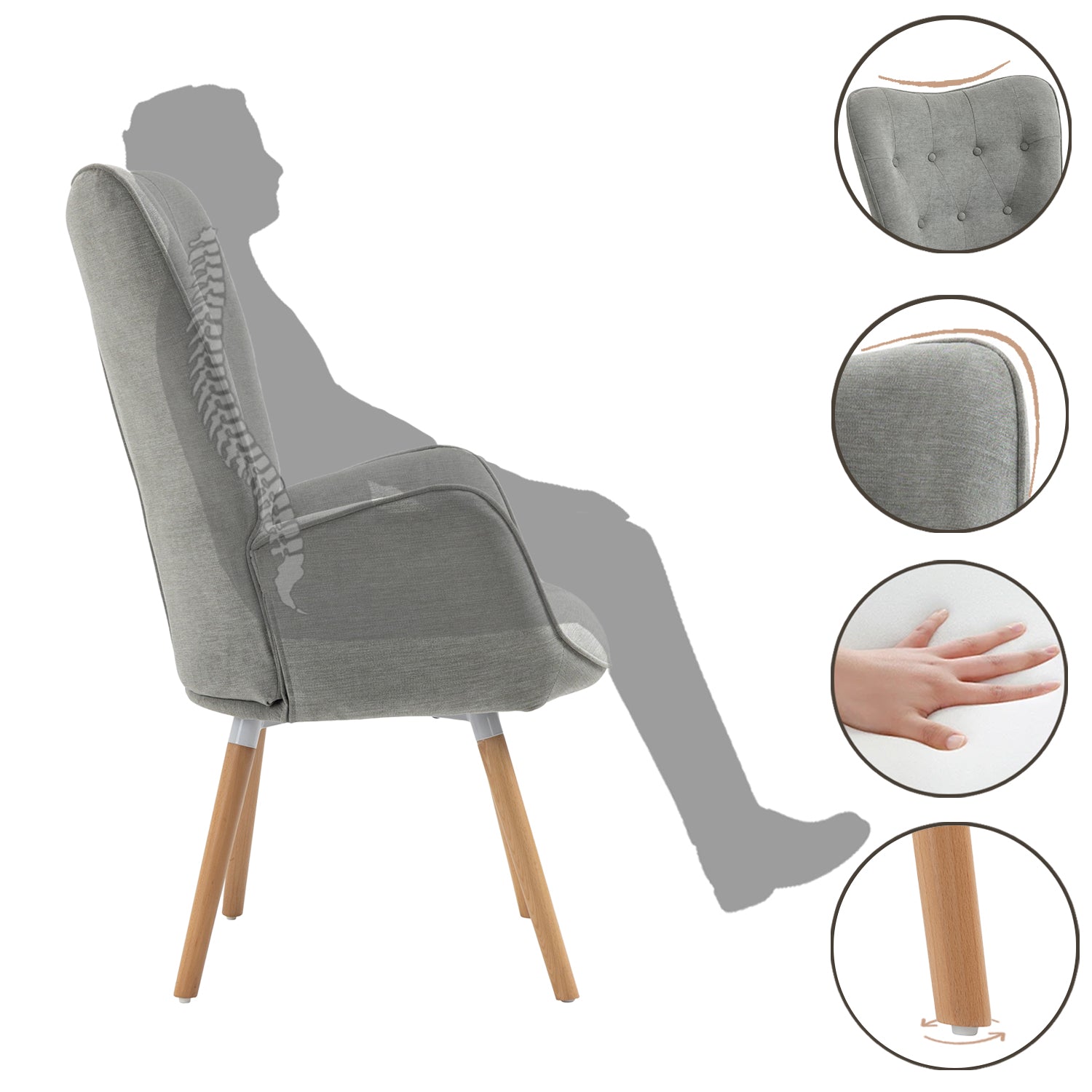 Scandinavian armchair with armrests in padded gray fabric - kas