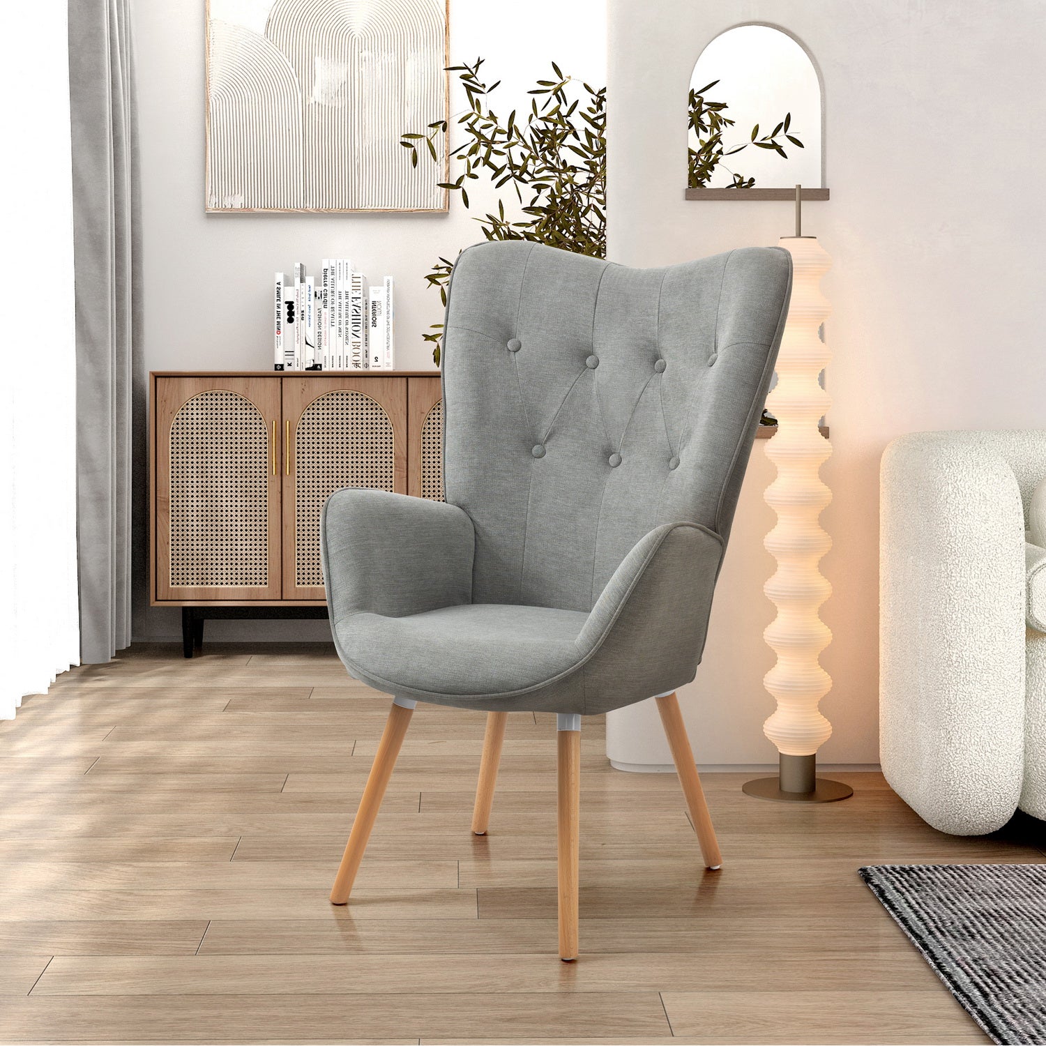 Scandinavian armchair with armrests in padded gray fabric - kas