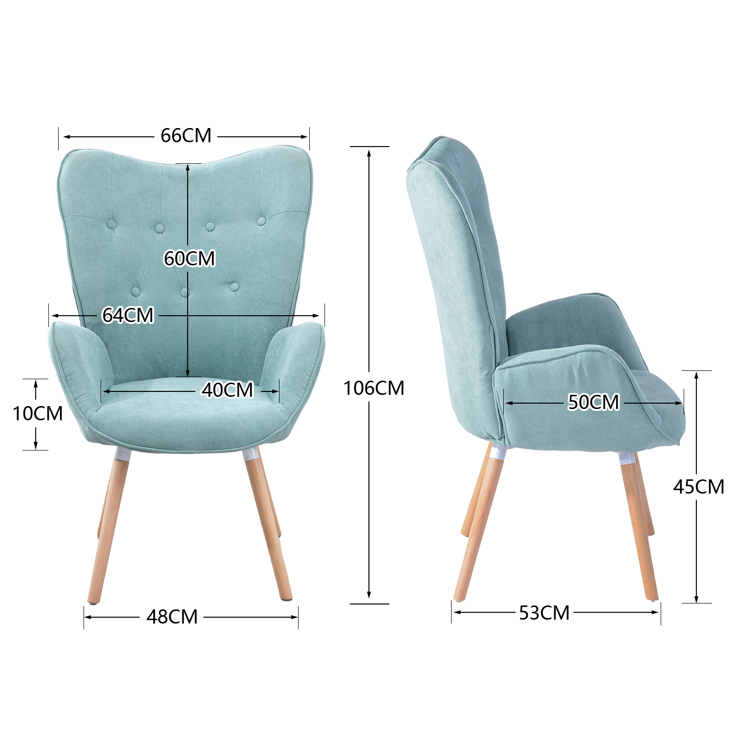Fauteuil scandinave avec accoudoirs en tissu vert d'eau capitonné - KAS