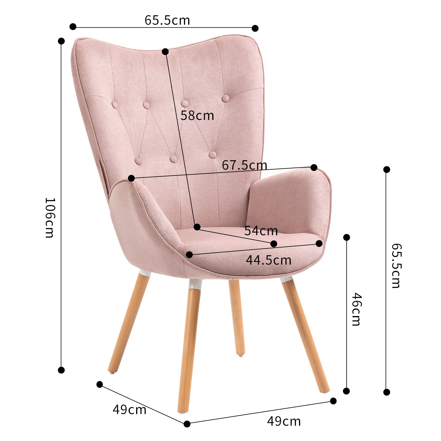 Fauteuil scandinave avec accoudoirs en tissu rose capitonné - KAS