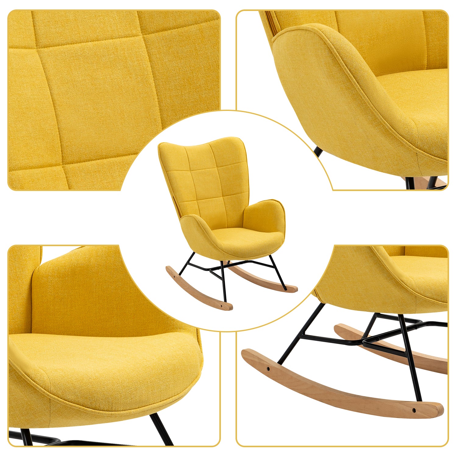 Fauteuil à bascule allaitement scandinave avec accoudoirs en tissu jaune à surpiqûres - KELAN