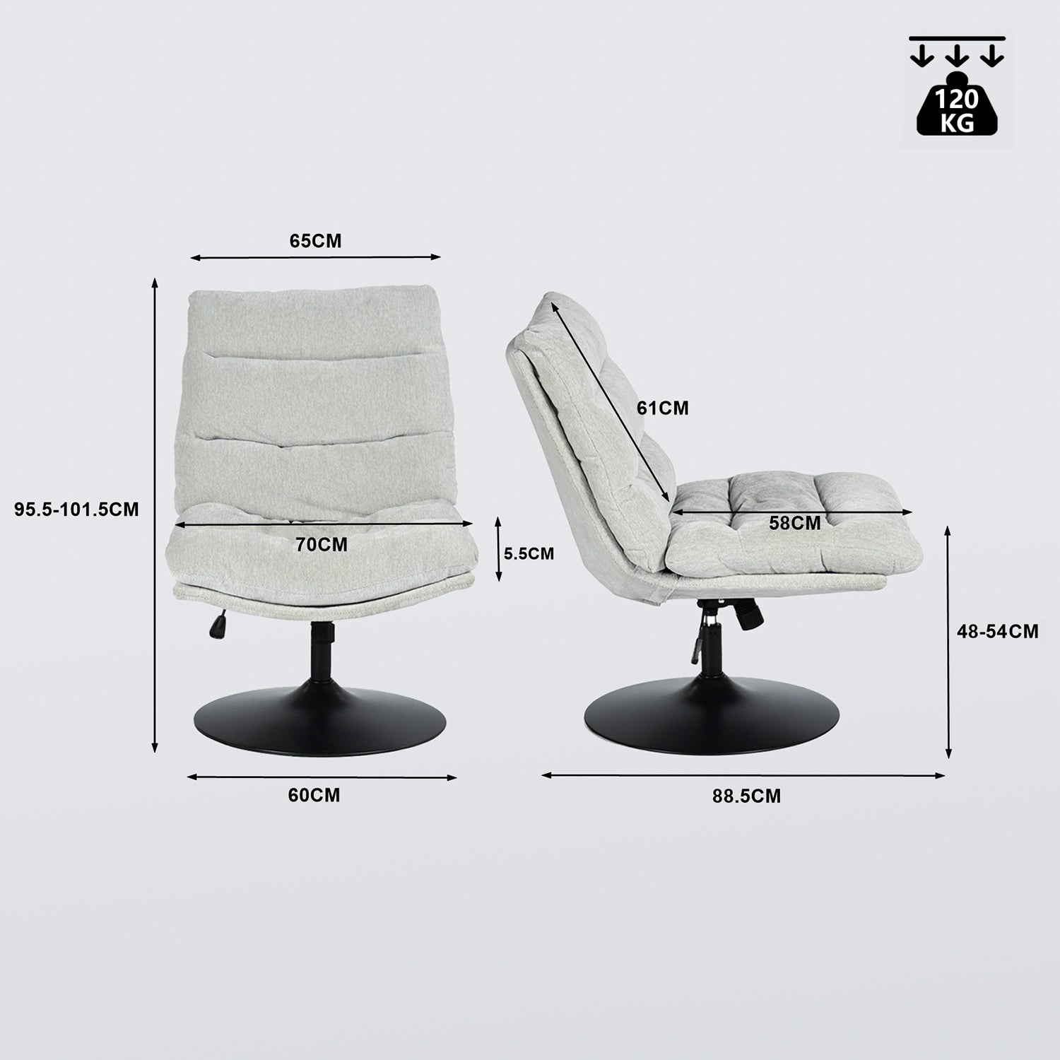 Verstellbarer Freizeitsessel aus grauem Chenille-Stoff, um 360° drehbar – LAMBERY