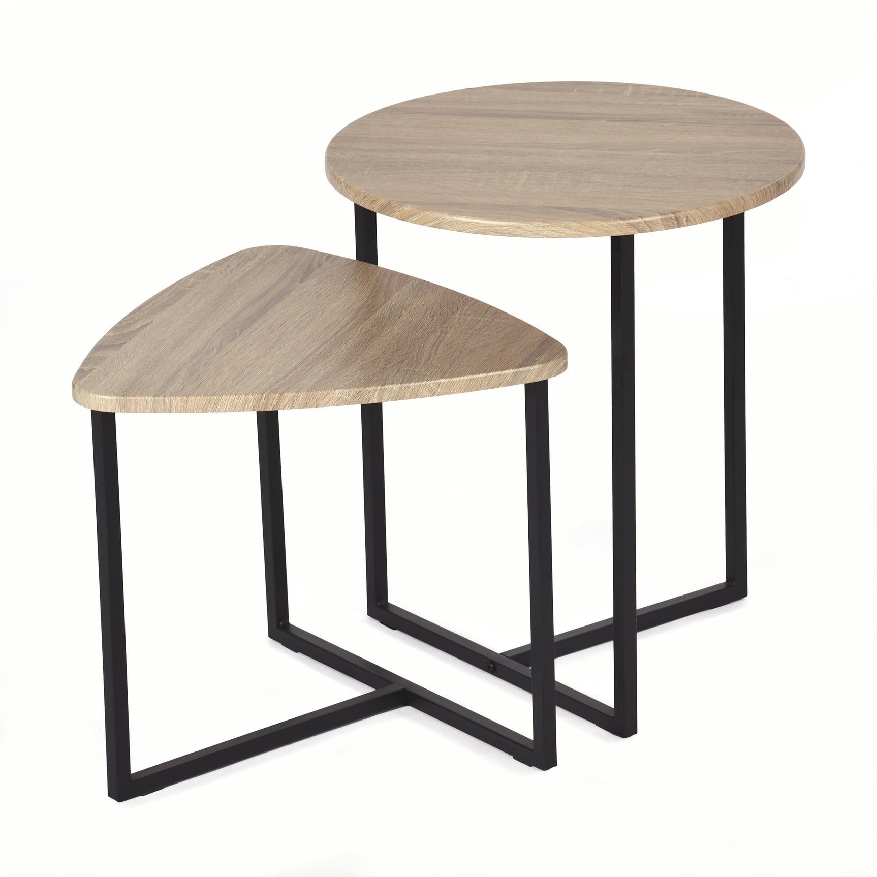 Lot de 2 tables basses gigognes style industriel en métal noir et bois imitation chêne ââ‚?LAYA