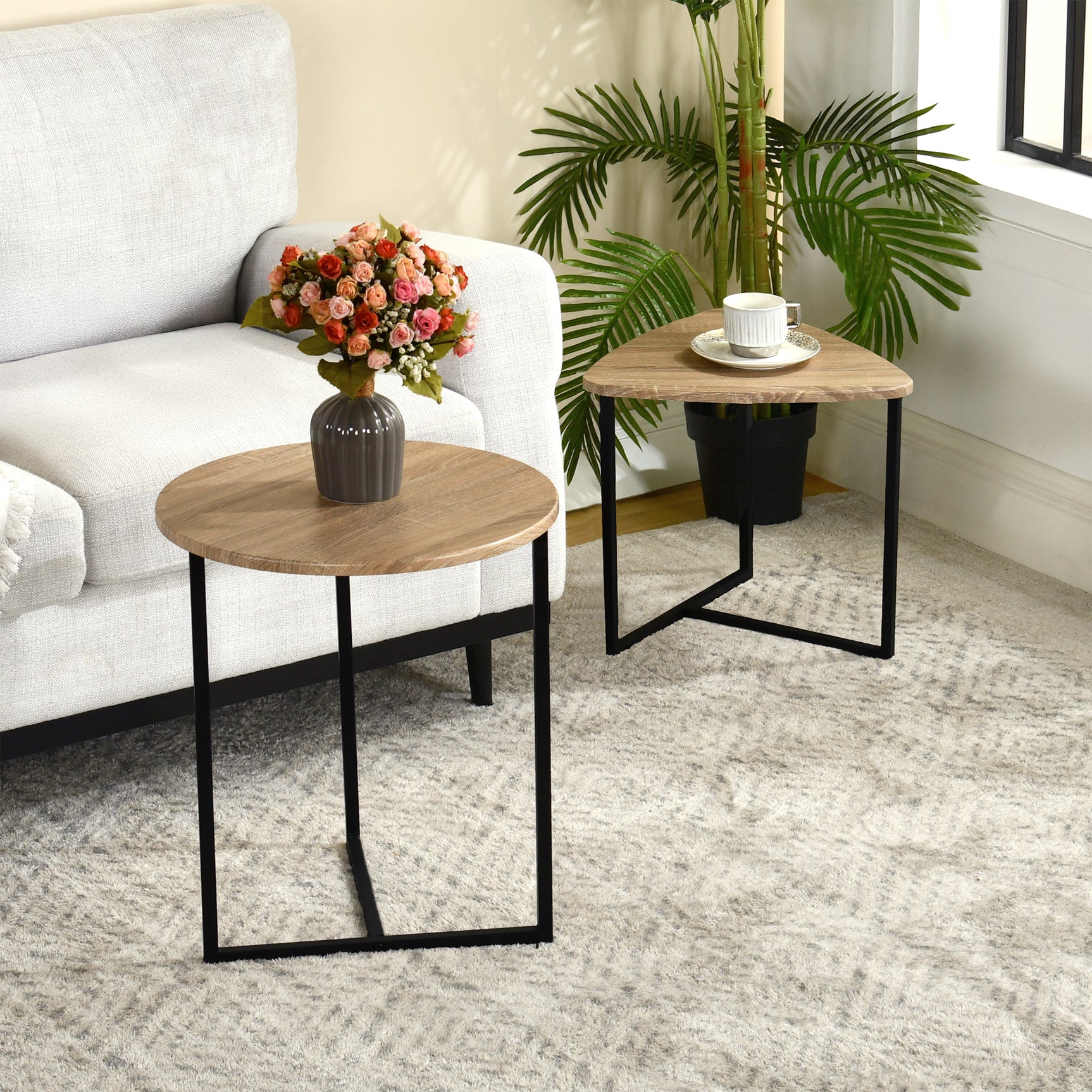 Lot de 2 tables basses gigognes style industriel en métal noir et bois imitation chêne ââ‚?LAYA