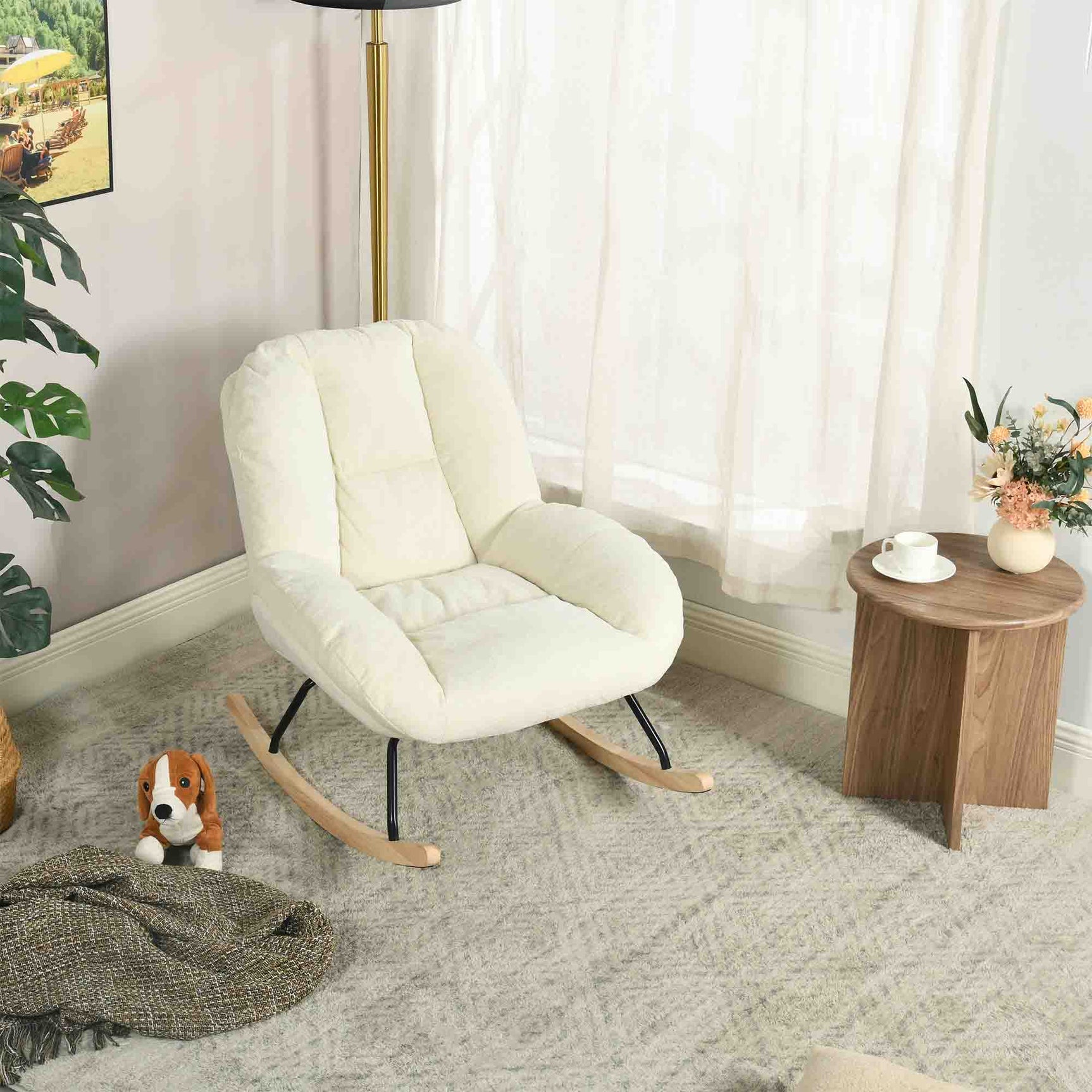 Fauteuil à bascule scandinave en tissu chenille avec accoudoirs pour salon ou chambre à coucher, beige - LITHOPS