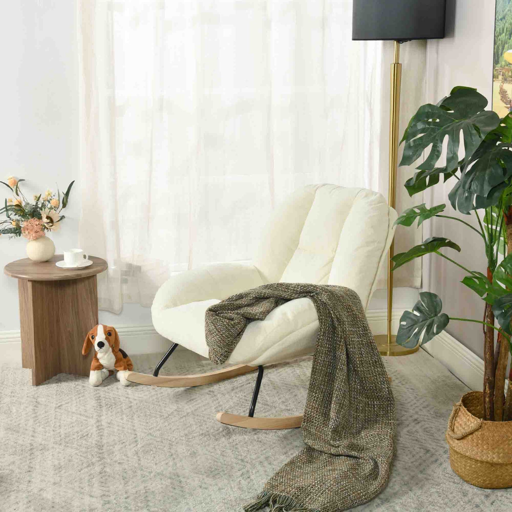Fauteuil à bascule scandinave en tissu chenille avec accoudoirs pour salon ou chambre à coucher, beige - LITHOPS