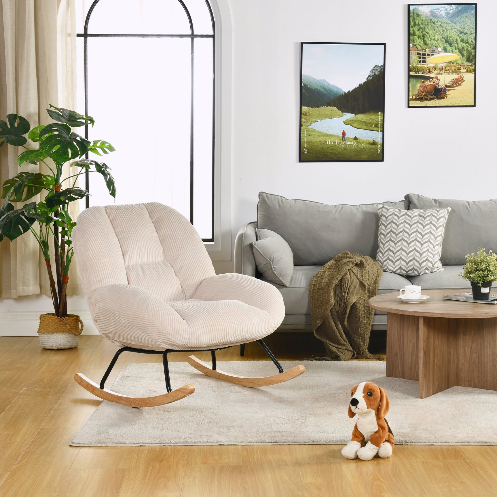 Fauteuil à bascule scandinave en velours côtelé avec accoudoirs pour salon ou chambre à coucher, beige - LITHOPS