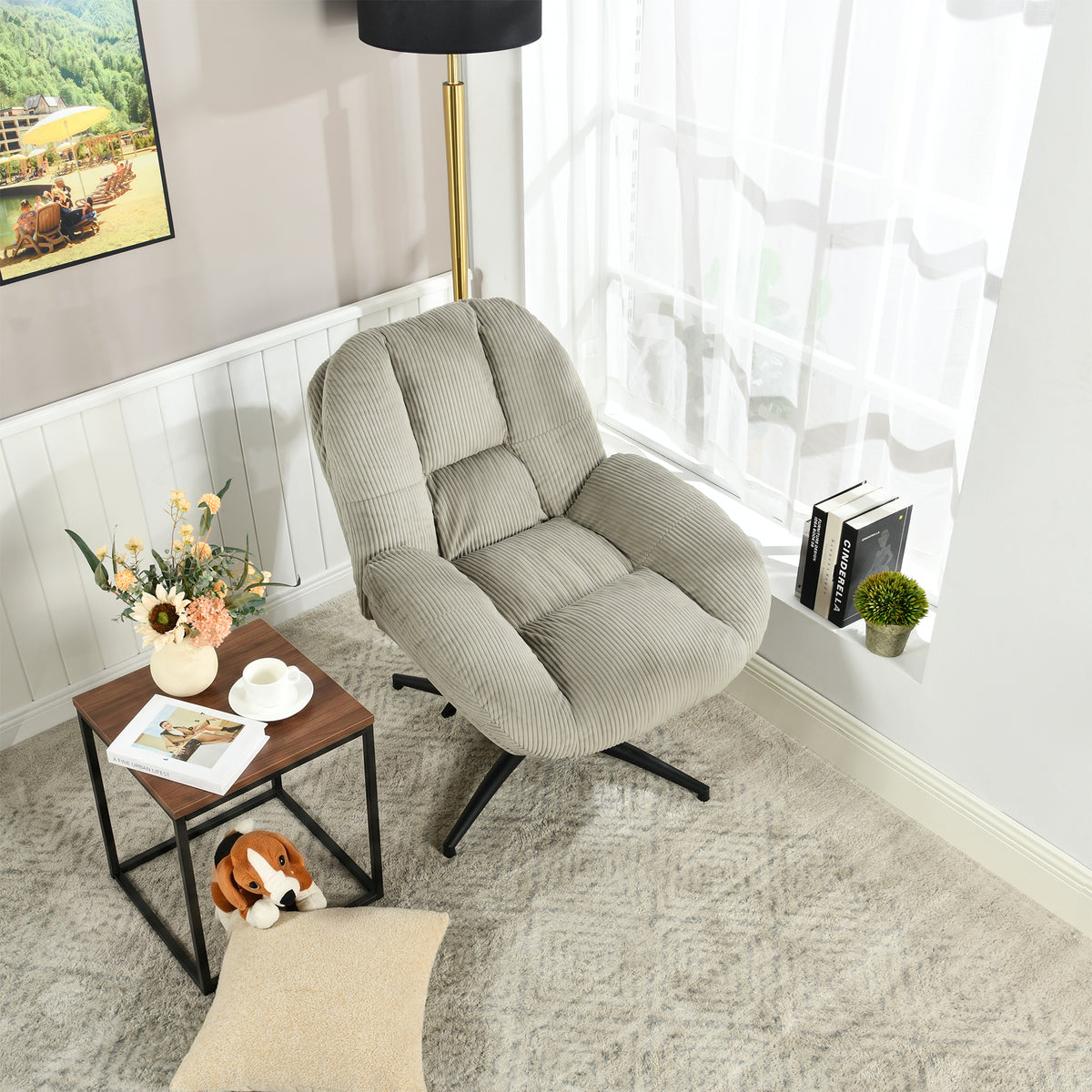 Fauteuil de bureau pivotant scandinave avec accoudoirs en velours côtelé, réglable, gris - LITHOPS FIX