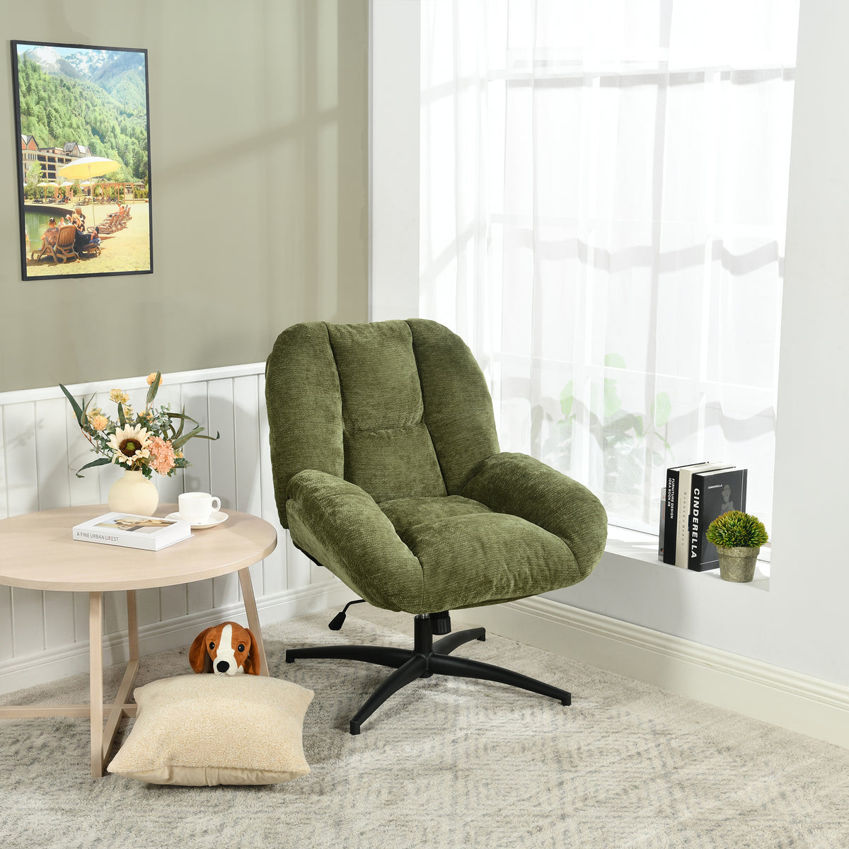 Fauteuil de bureau pivotant scandinave avec accoudoirs en tissu chenille, réglable, vert - LITHOPS FIX