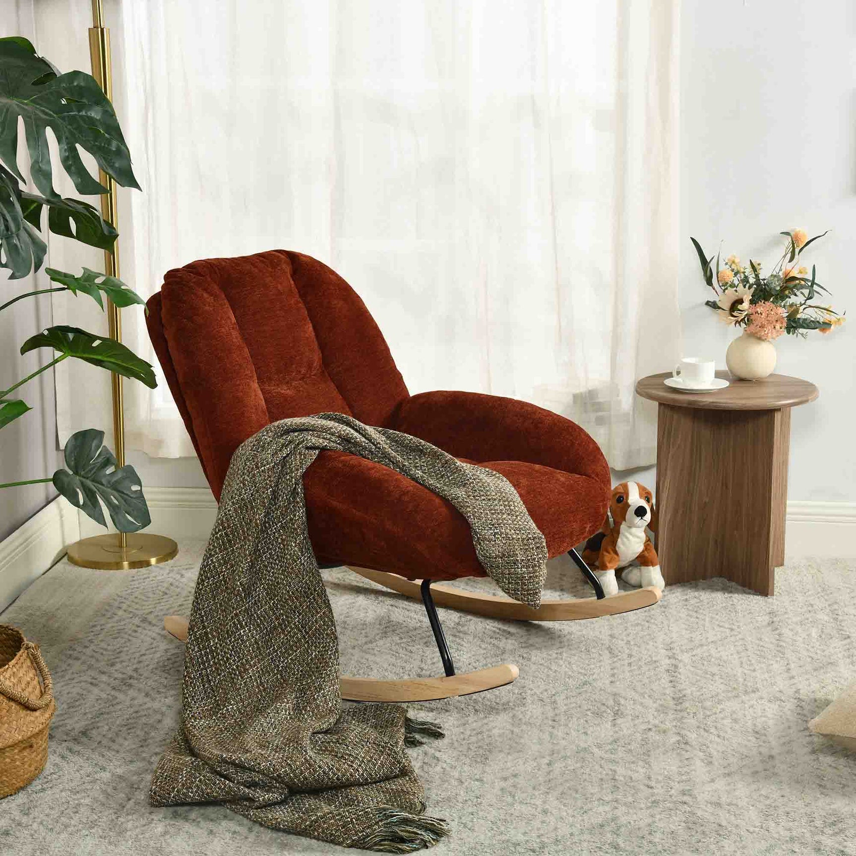 Lot de 2 fauteuil à bascule scandinave en tissu chenille avec accoudoirs pour salon ou chambre à coucher, rouge - LITHOPS