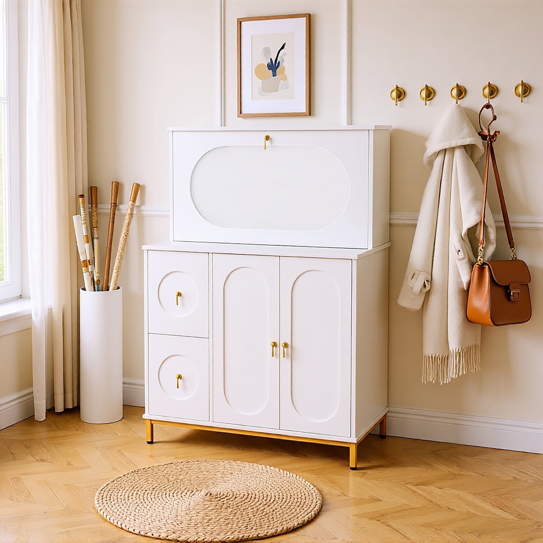 Secrétaire multifonctionnel avec plan de travail rabattable et grands espaces de rangement en blanc