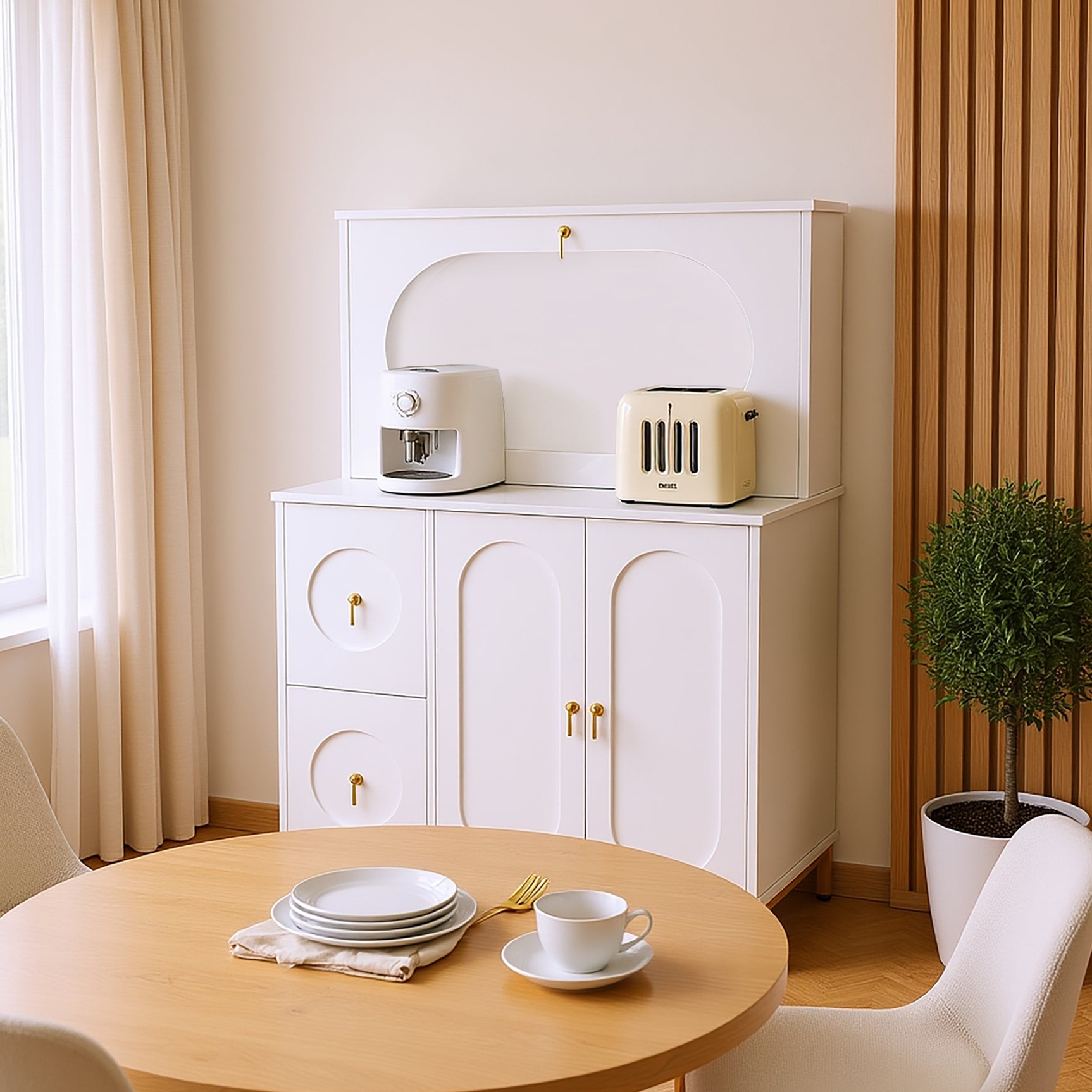 Secrétaire multifonctionnel avec plan de travail rabattable et grands espaces de rangement en blanc