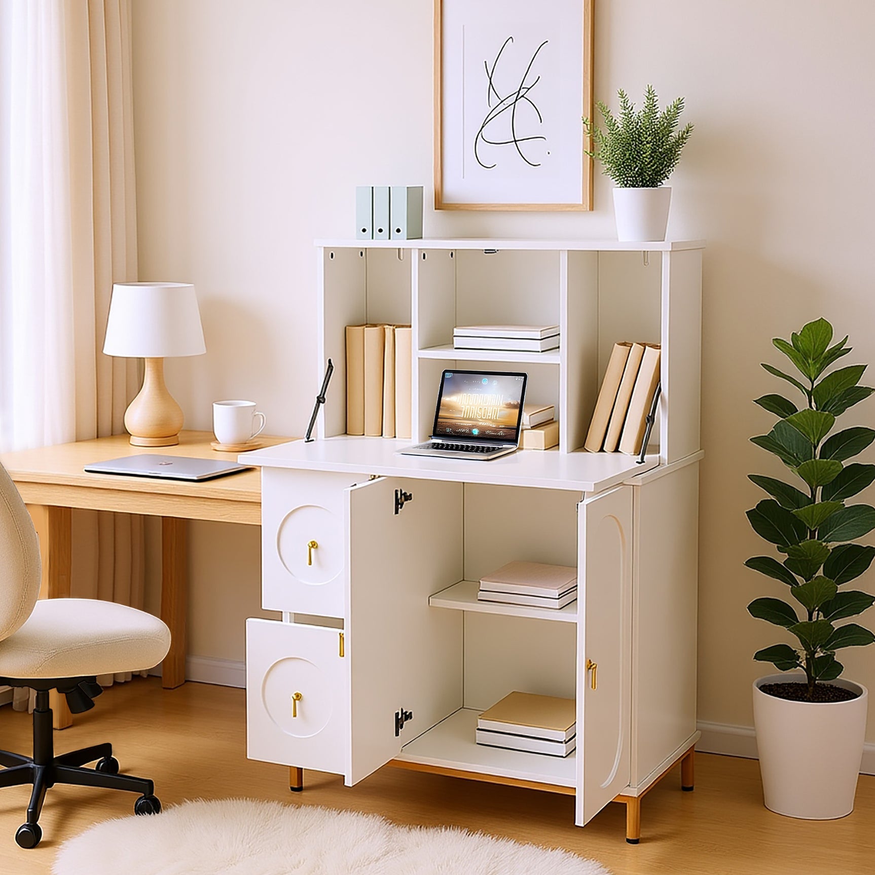 Secrétaire multifonctionnel avec plan de travail rabattable et grands espaces de rangement en blanc