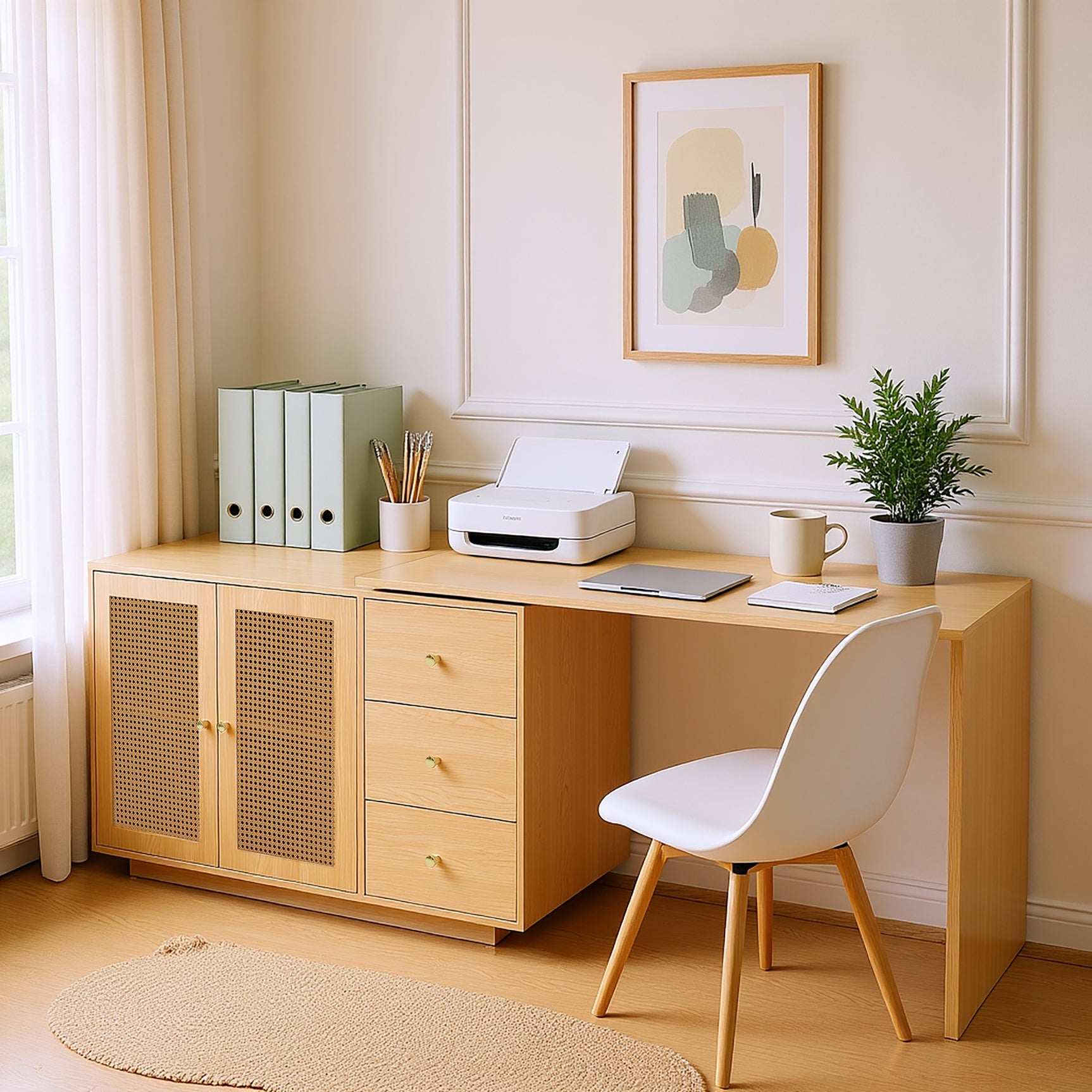 Bureau d'angle en L avec portes en cannage, table pivotante et espace de rangement