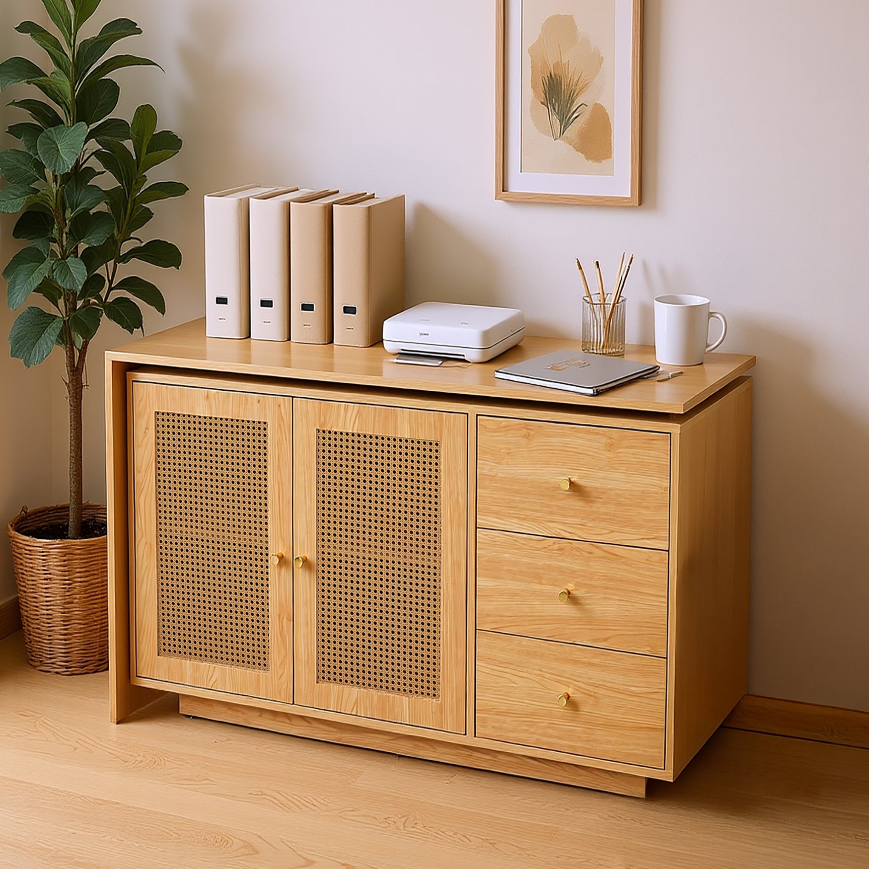 Bureau d'angle en L avec portes en cannage, table pivotante et espace de rangement