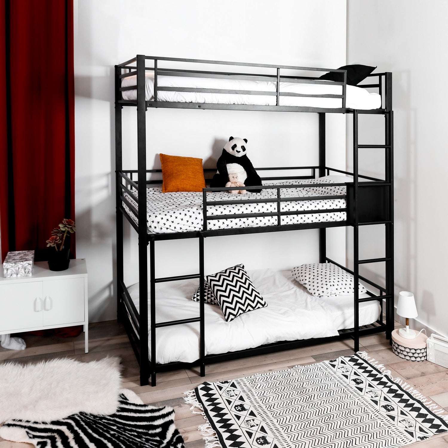 Lit superposé 3 places et 3 étages en métal noir avec échelle 90x190cm (matelas non inclus) - TRIO 3 RECTANGULAR BLACK