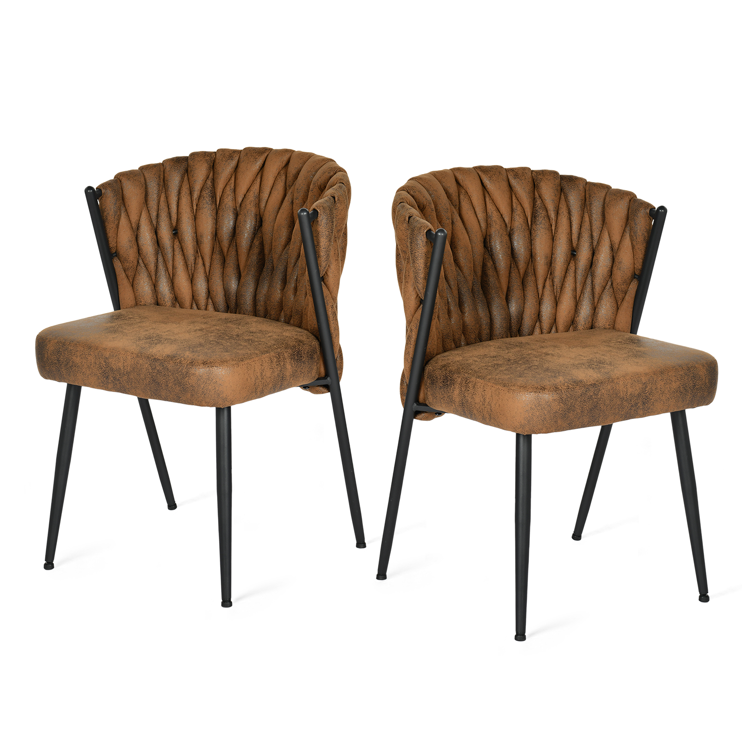 Lot de 2 chaises de salle à manger style rétro vintage avec dossier tressé en suédine marron - MILIANA