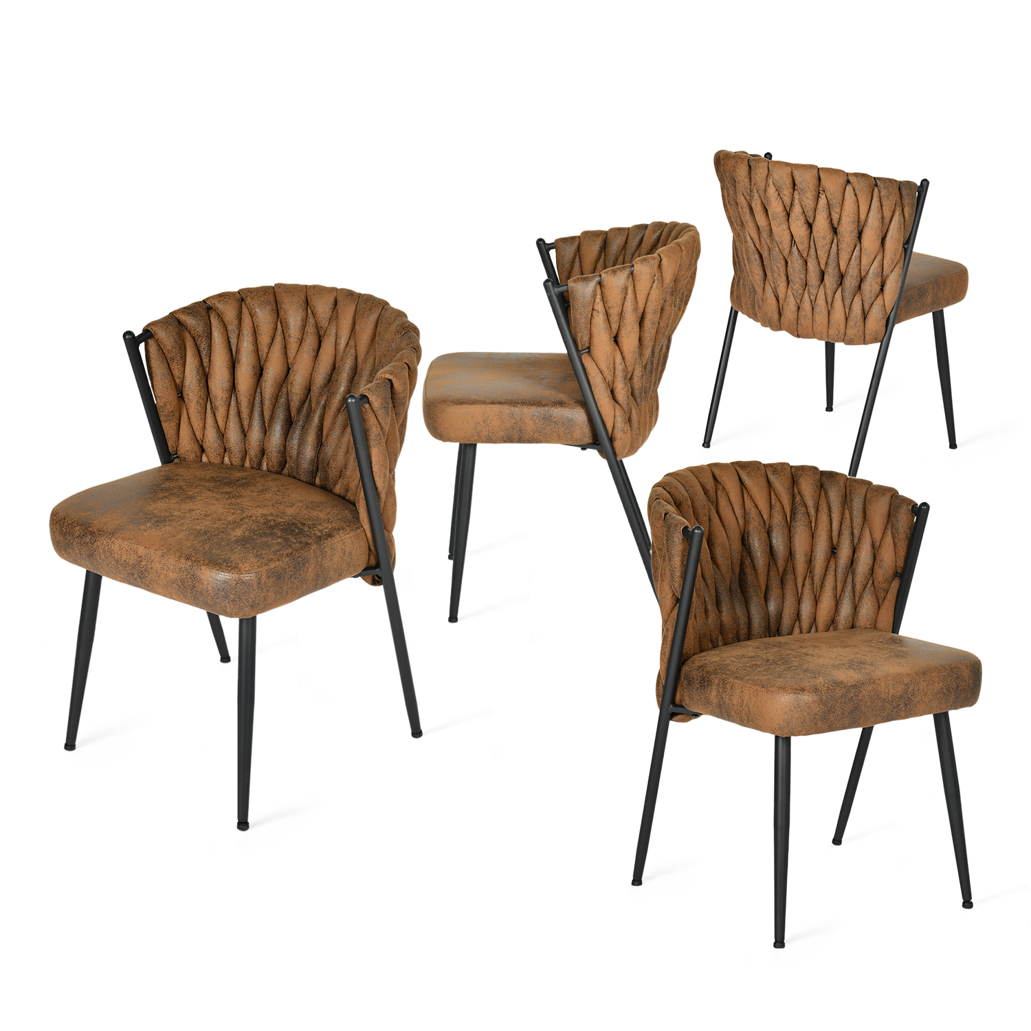 Lot de 4 chaises de salle à manger style rétro vintage avec dossier tressé en suédine marron - MILIANA