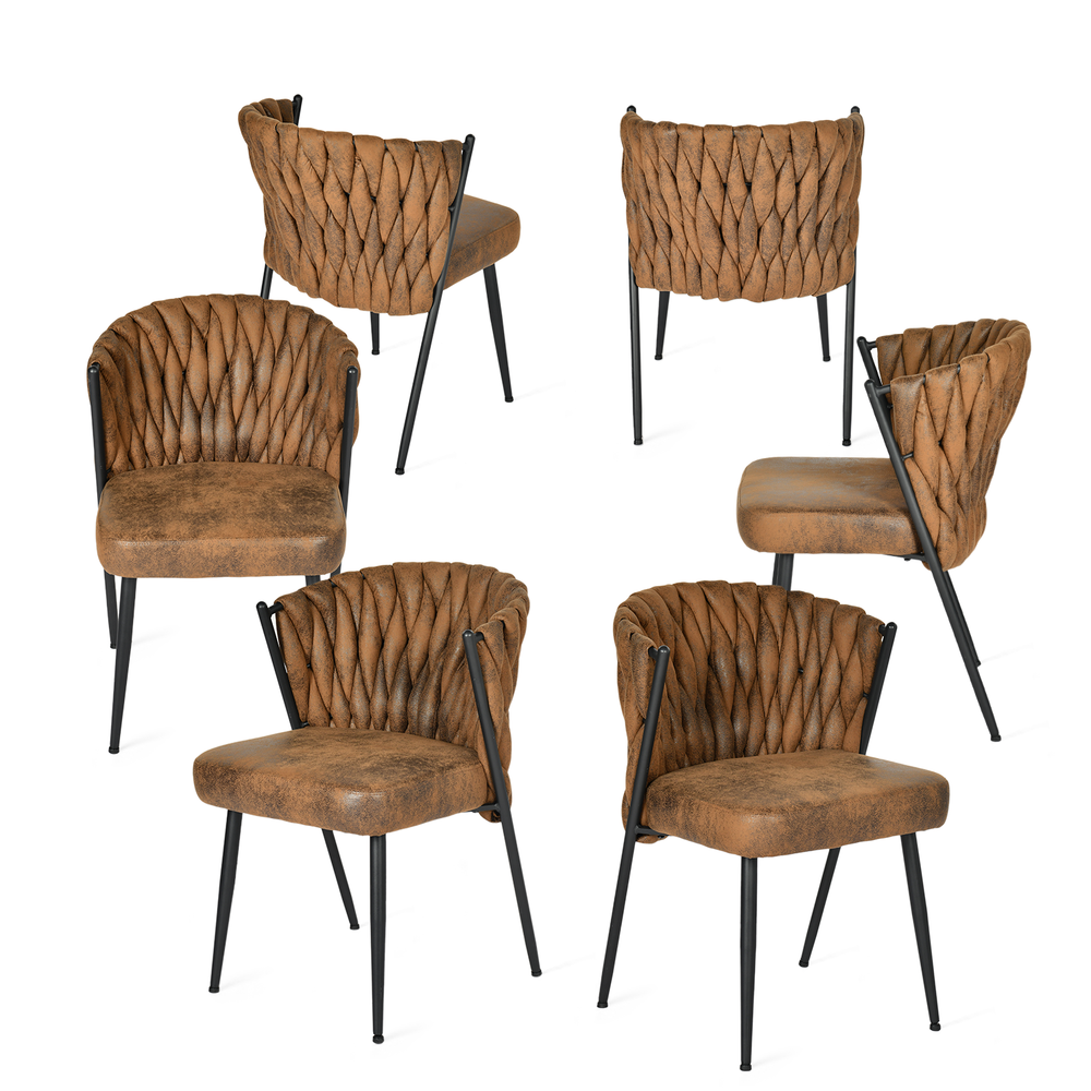 Lot de 6 chaises de salle à manger style rétro vintage avec dossier tressé en suédine marron - MILIANA
