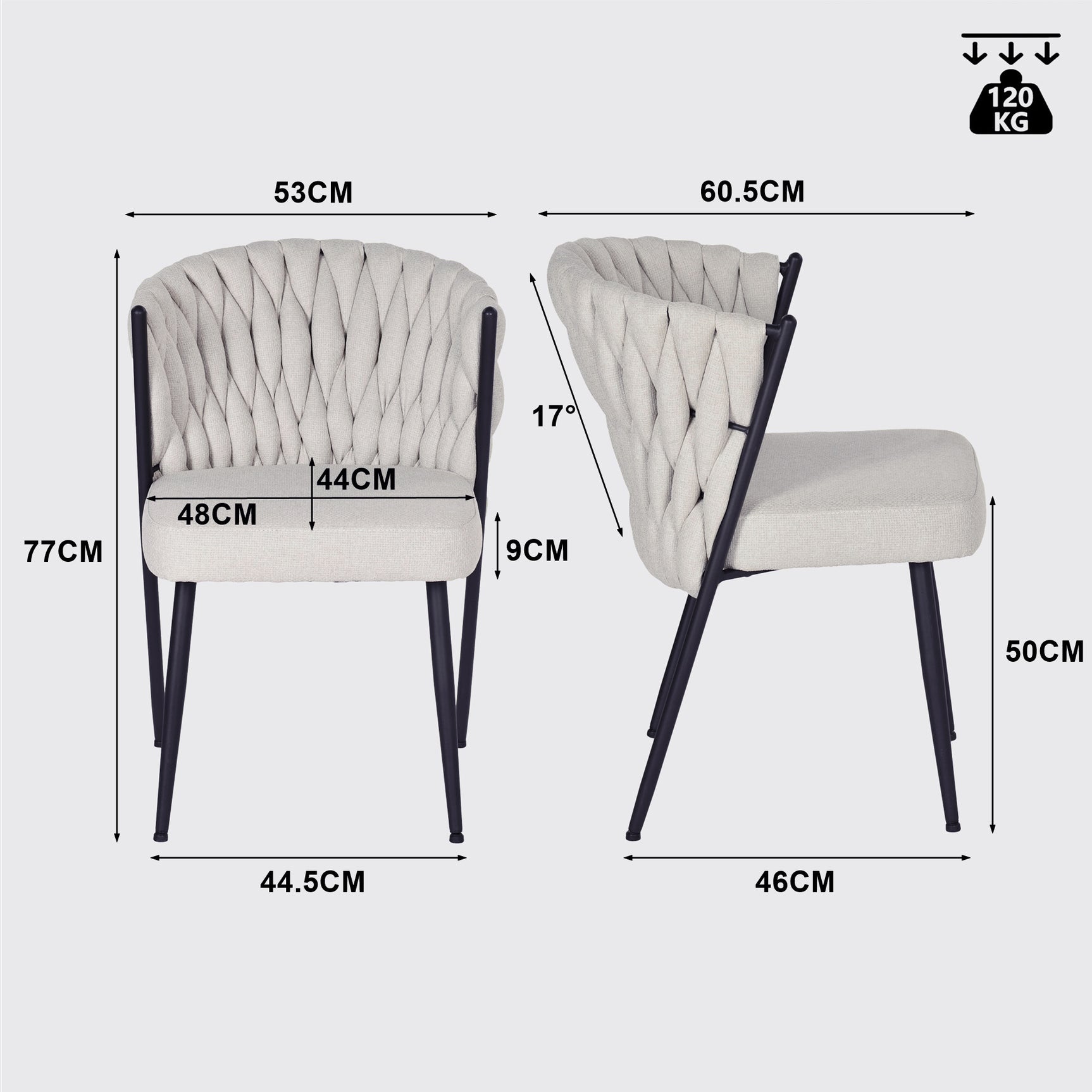 Set aus 4 Esszimmerstühlen im Industriestil mit geflochtener Rückenlehne aus beigem Stoff – MILIANA