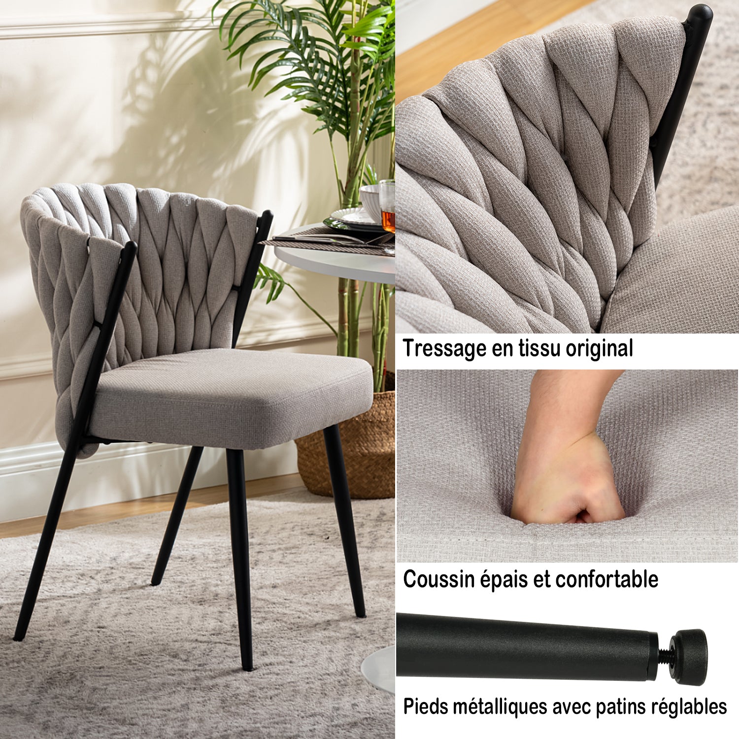 Set aus 4 Esszimmerstühlen im Industriestil mit geflochtener Rückenlehne aus beigem Stoff – MILIANA