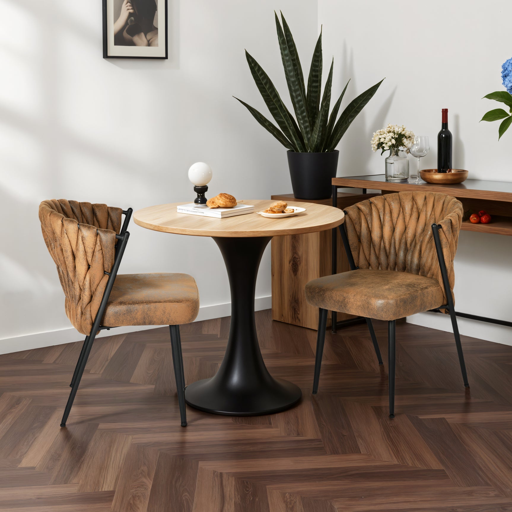 Lot de 4 chaises de salle à manger style rétro vintage avec dossier tressé en suédine marron - MILIANA