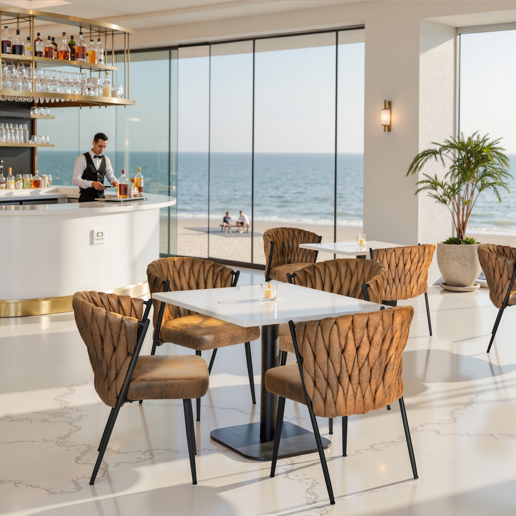 Lot de 6 chaises de salle à manger style rétro vintage avec dossier tressé en suédine marron - MILIANA