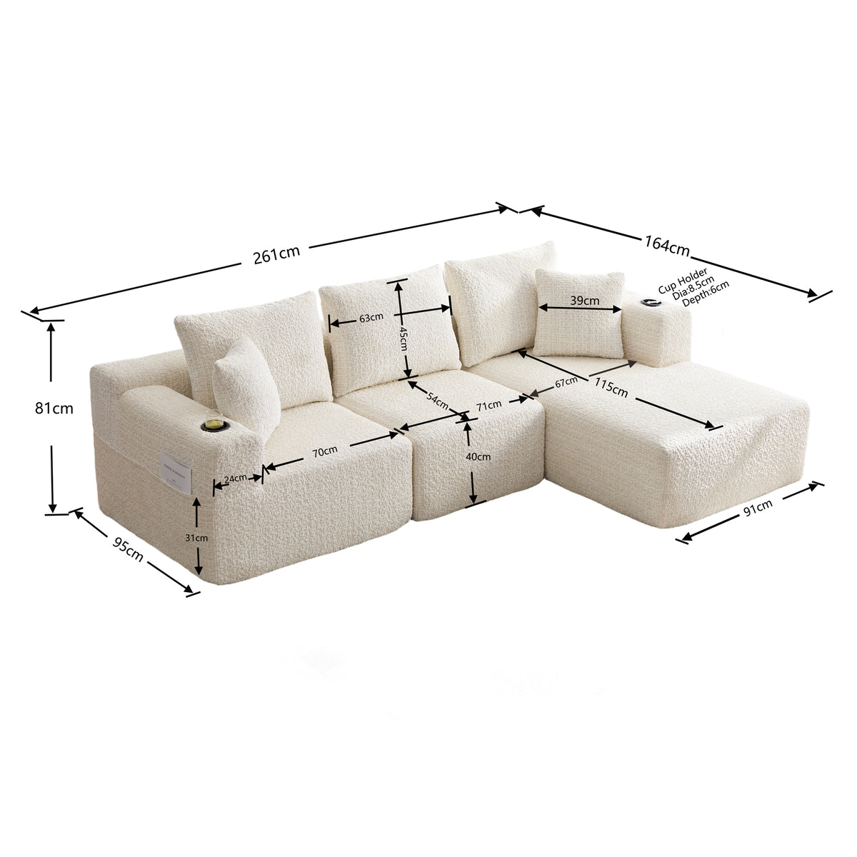 2-seater sofa bed in dark gray fabric with side pockets, modern convertible sofa
