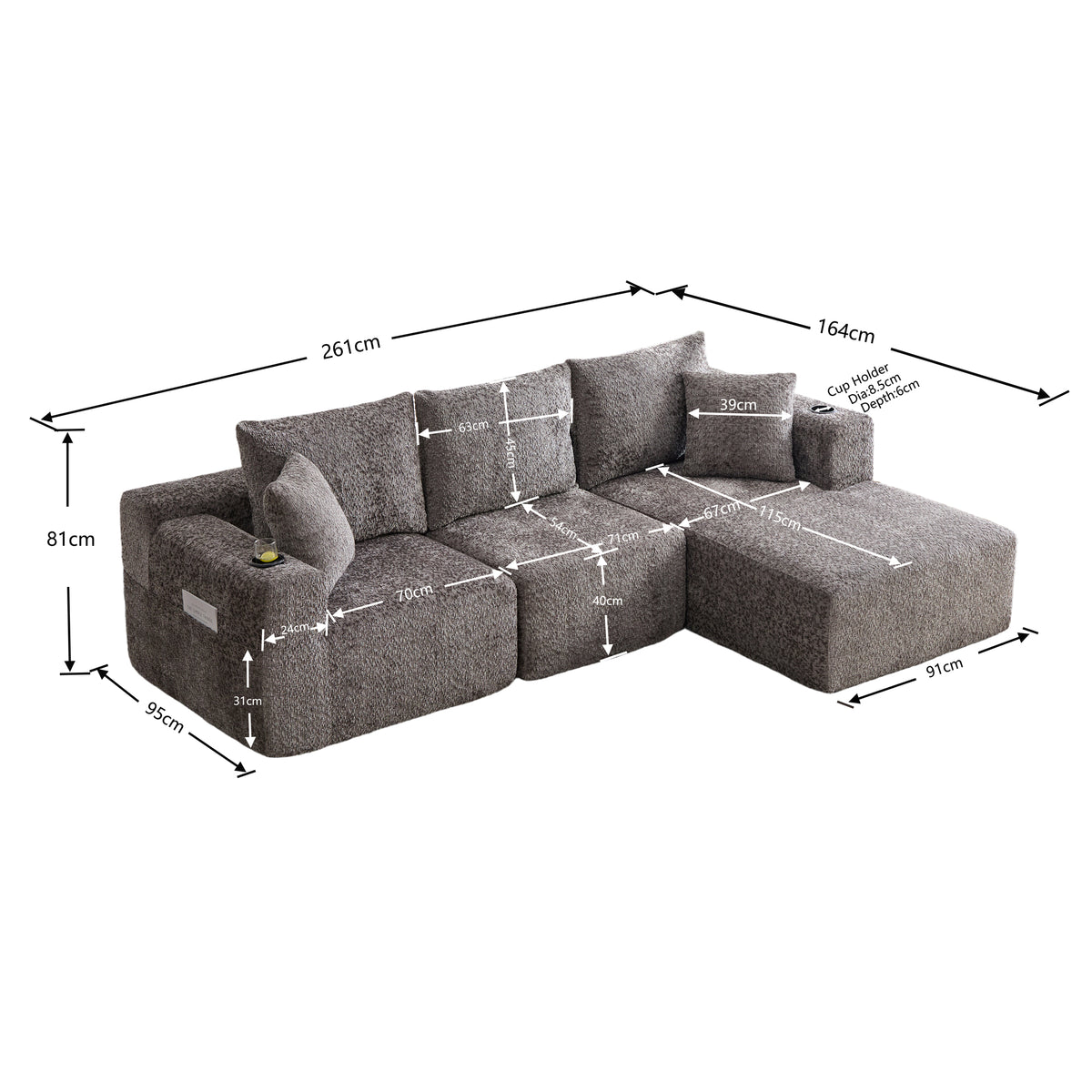 2-seater sofa bed in dark gray fabric with side pockets, modern convertible sofa