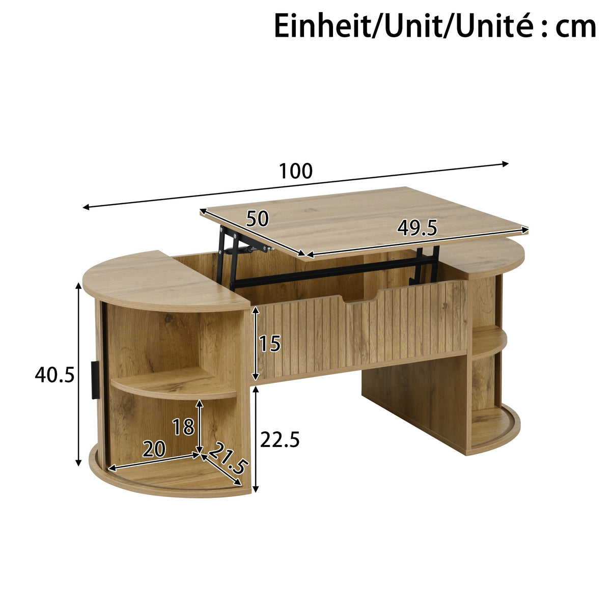 Table basse en MDF de forme ovale, couleur chêne clair, hauteur réglable