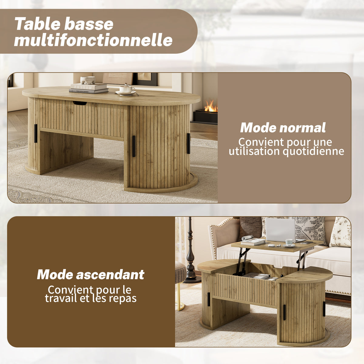 Table basse en MDF de forme ovale, couleur chêne clair, hauteur réglable