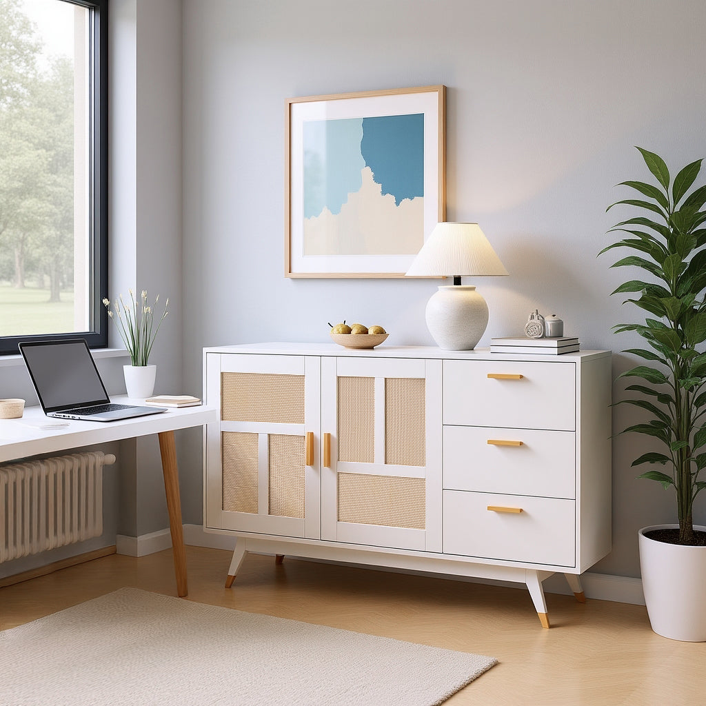 Decorative white rattan buffet with 2 rattan doors and 3 drawers, elegant multifunction storage unit with golden details, 160x40x87 cm