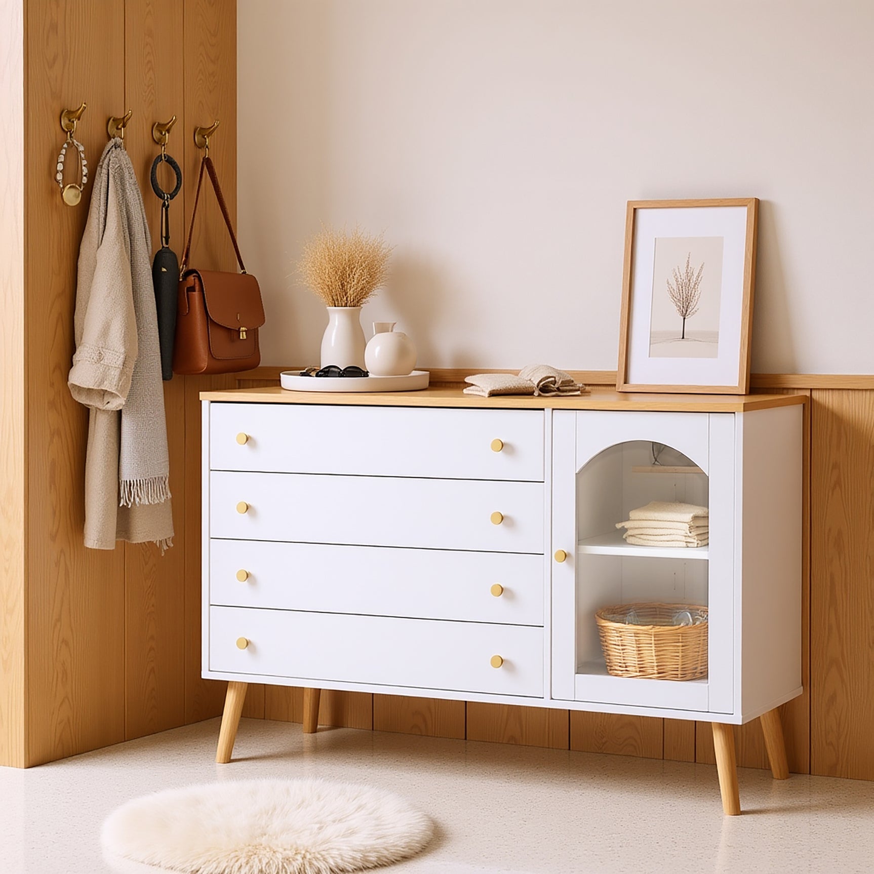 Commode blanche moderne avec 4 tiroirs spacieux et porte en verre trempé