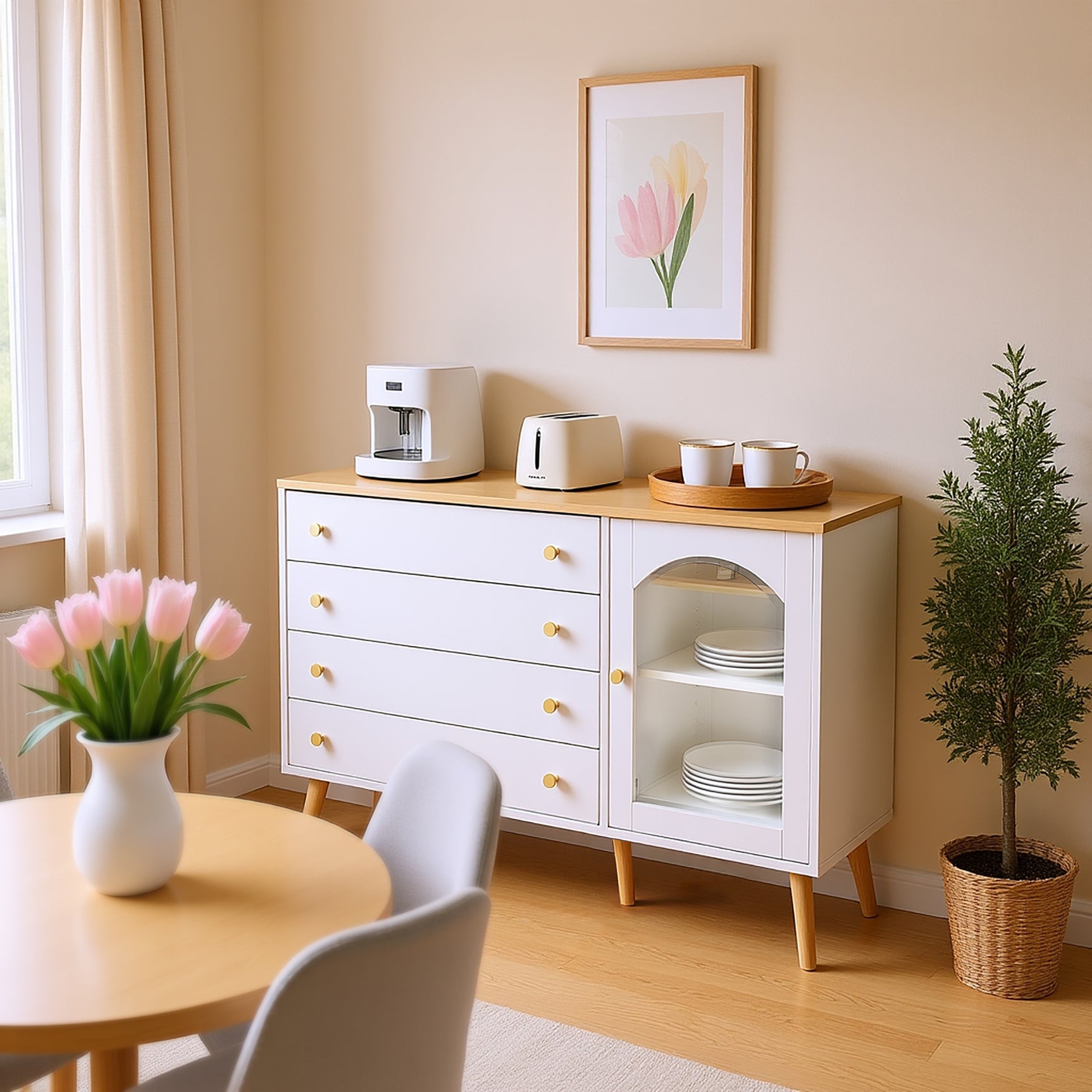Commode blanche moderne avec 4 tiroirs spacieux et porte en verre trempé