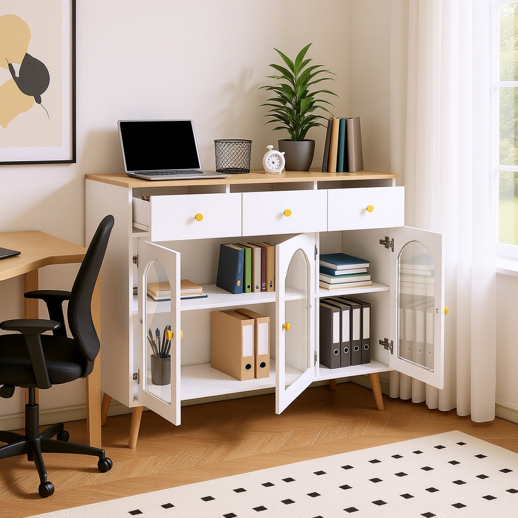 Buffet blanc et bois naturel avec 3 tiroirs et 3 portes cintrées en verre trempé, grand espace de rangement élégant