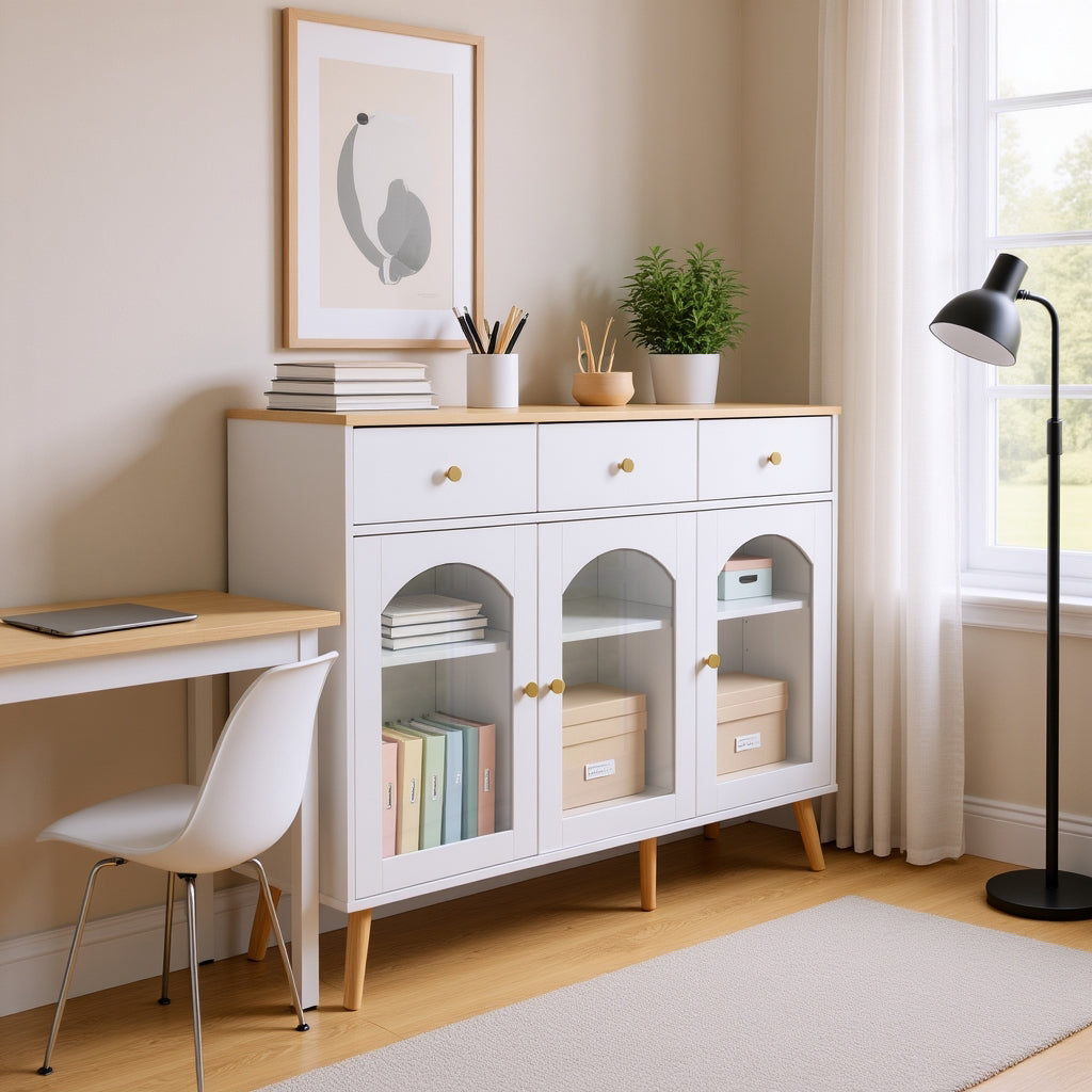 Buffet blanc et bois naturel avec 3 tiroirs et 3 portes cintrées en verre trempé, grand espace de rangement élégant