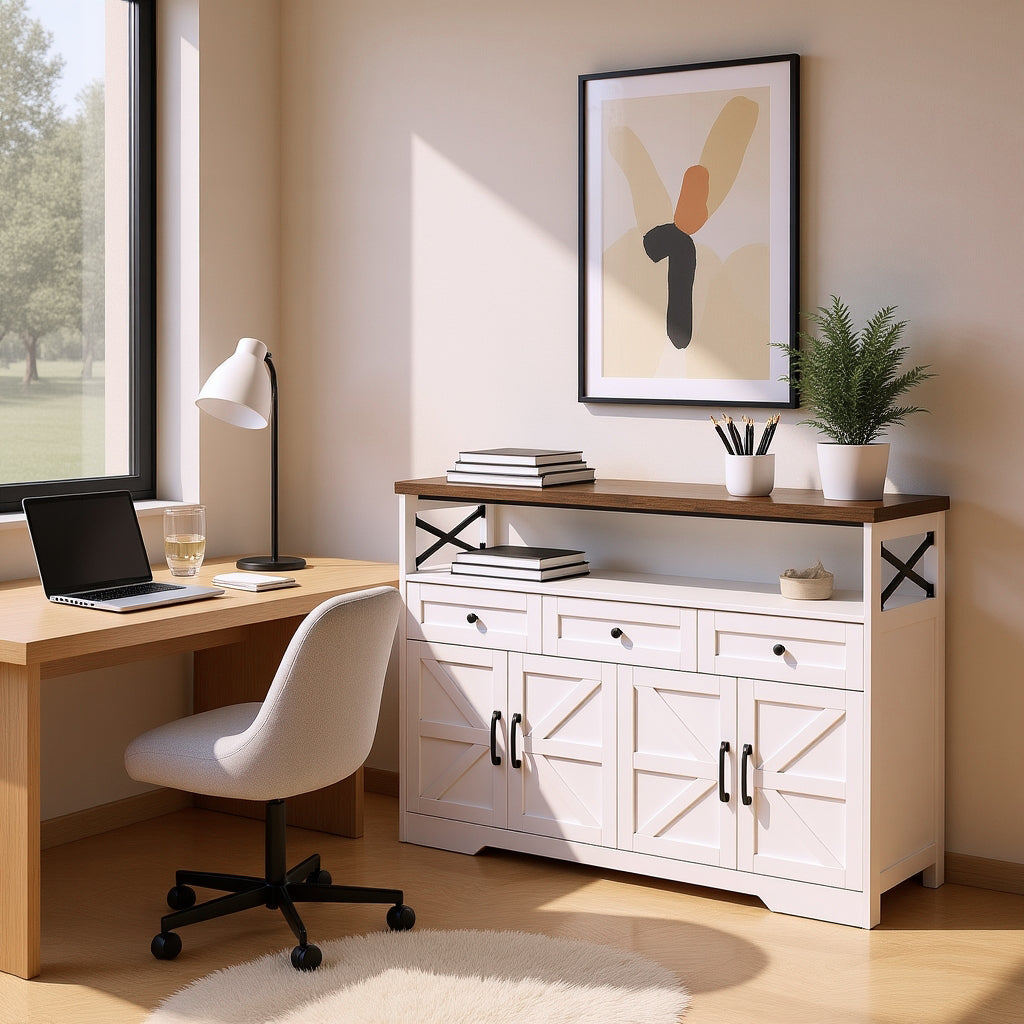 White and brown rustic buffet with 3 drawers and 2 doors
