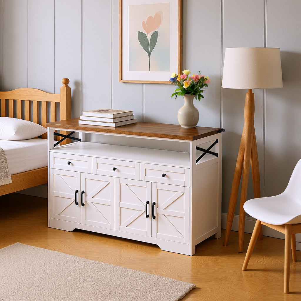 White and brown rustic buffet with 3 drawers and 2 doors