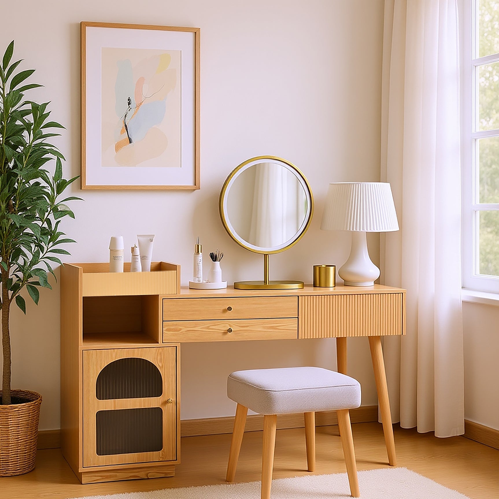 Moderner Friseur mit 3 -LED -LED -Spiegel, großer Stauraum und Seitenglasschrank, 120 x 40 x 90 cm