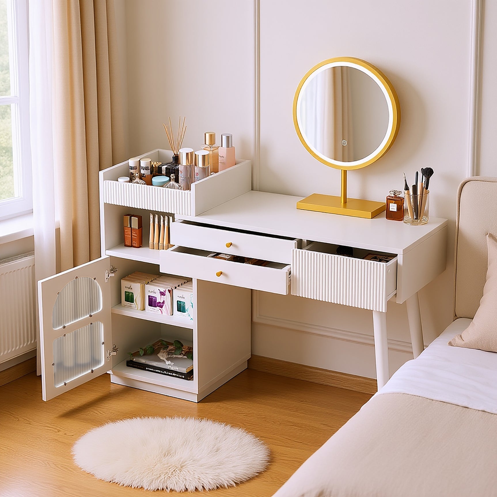 Coiffeuse avec miroir LED 3 couleurs, table de maquillage en bois avec 3 tiroirs et armoire latérale, design extensible
