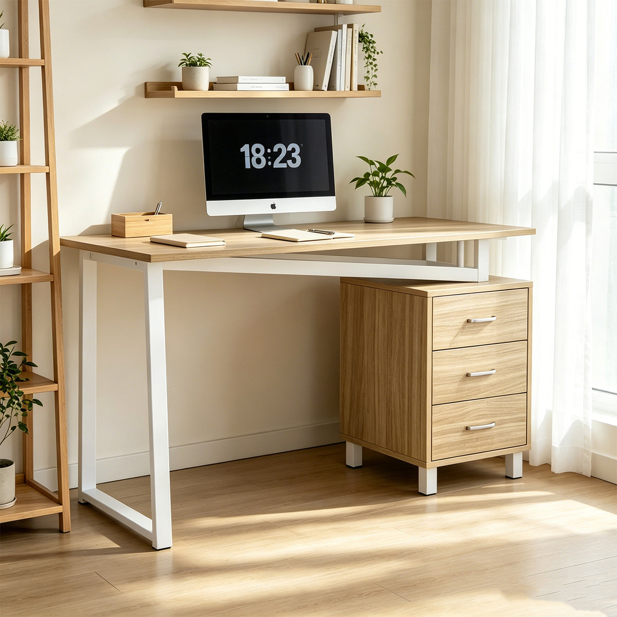 Bois naturel et blanc bureau MDF avec rangement