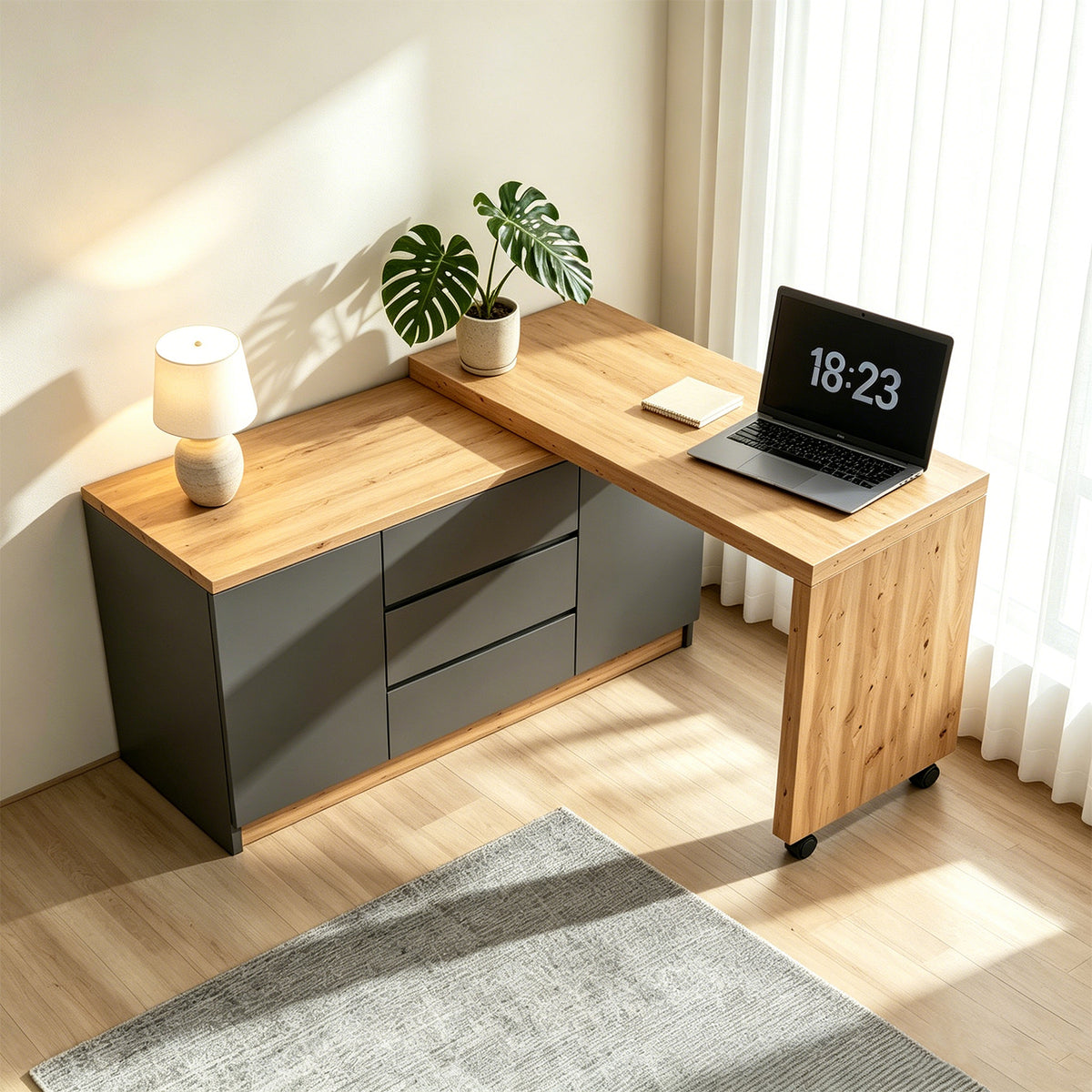 Bureau pivotant multifonctionnel en MDF gris et chêne