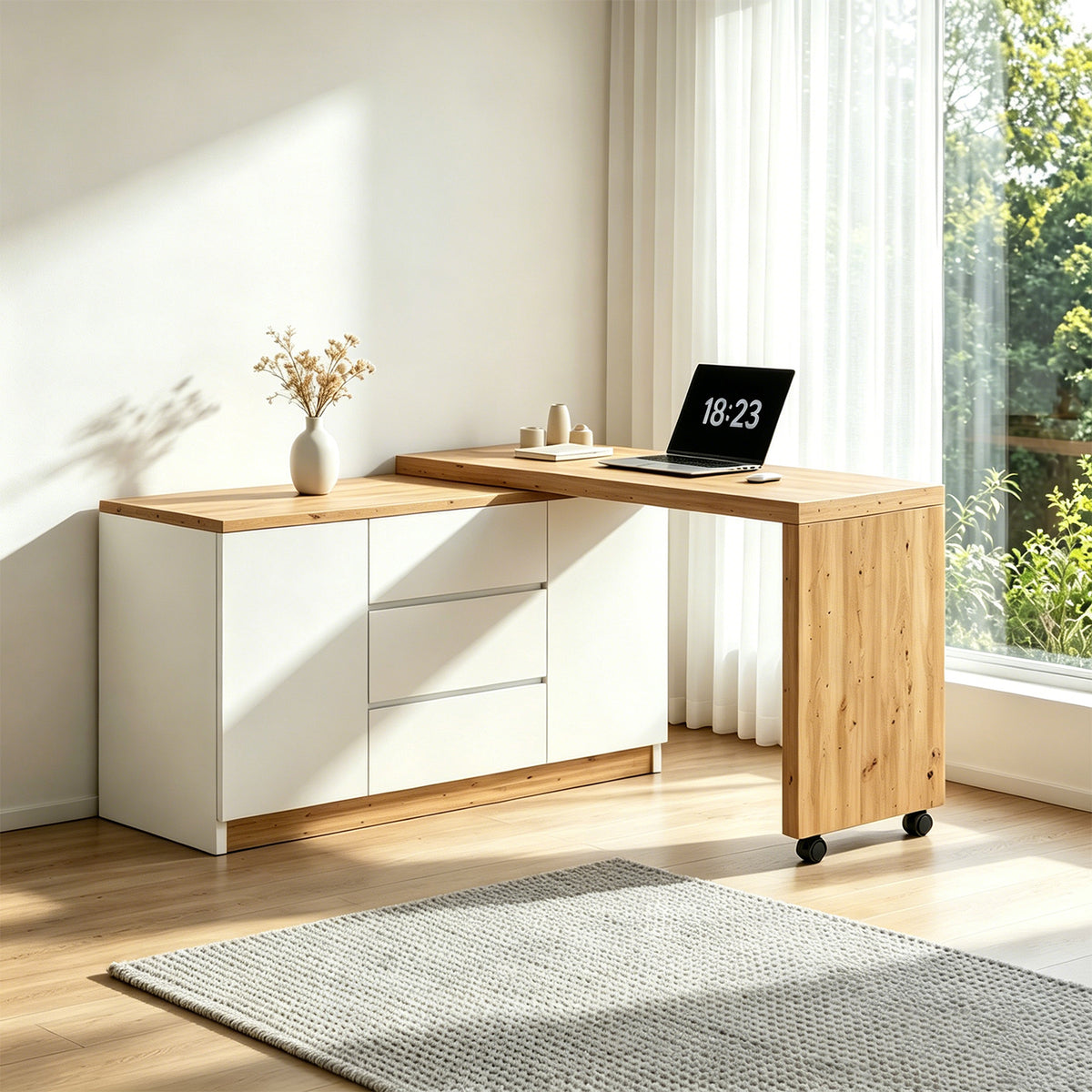 Bureau pivotant multifonctionnel en MDF blanc et chêne