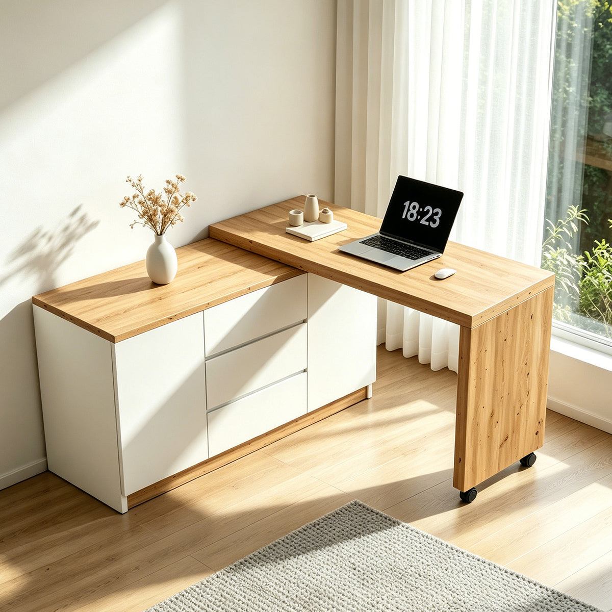 Bureau pivotant multifonctionnel en MDF blanc et chêne