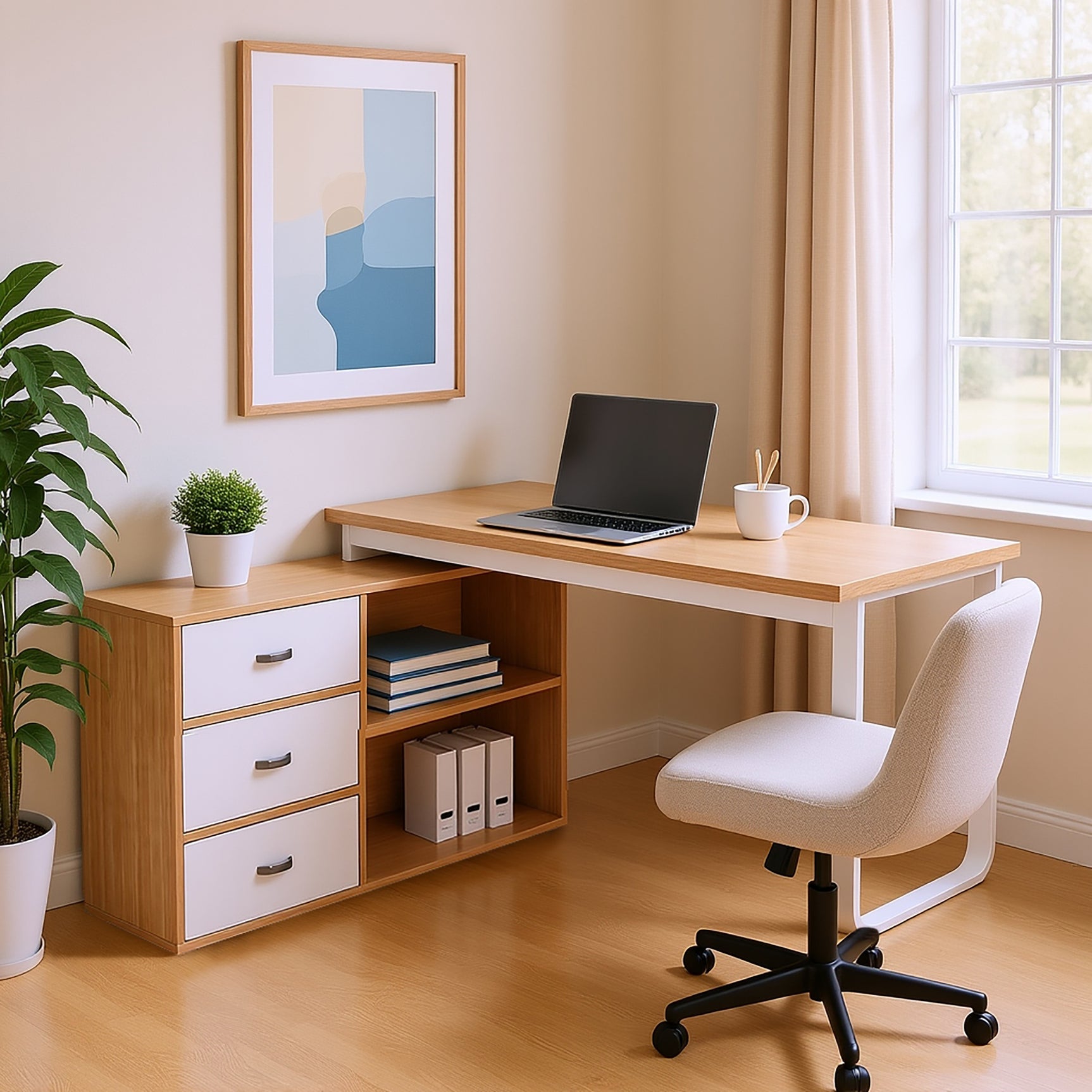 Bureau simple en bois naturel avec 3 tiroirs et 2 niches ouvertes – 147×100×75,3 cm