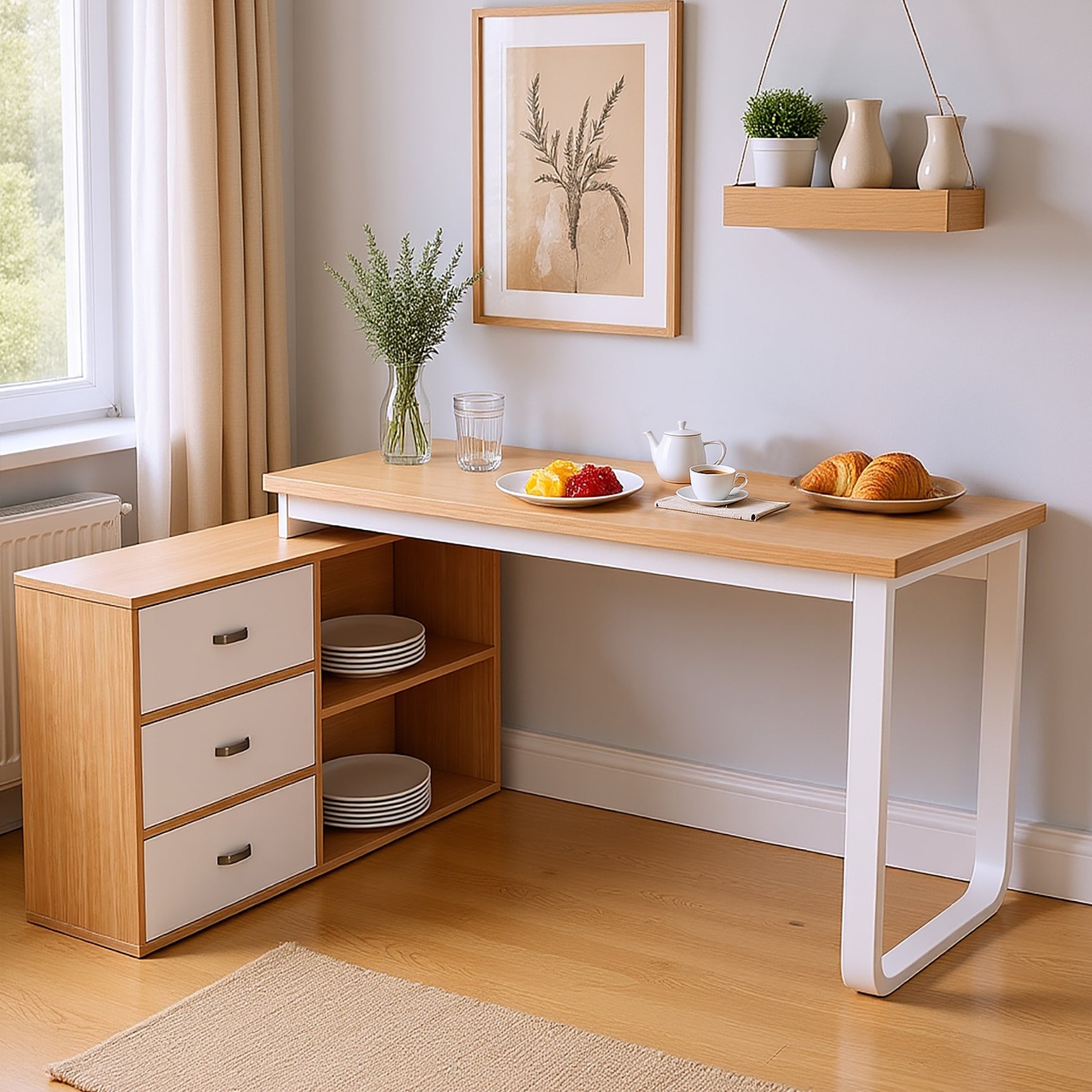 Bureau simple en bois naturel avec 3 tiroirs et 2 niches ouvertes – 147×100×75,3 cm