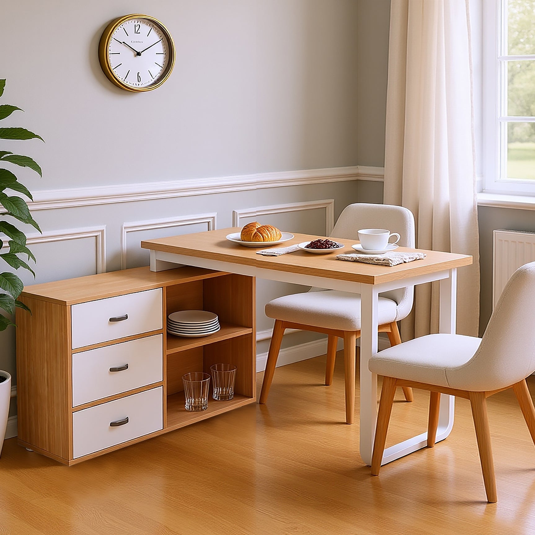 Bureau simple en bois naturel avec 3 tiroirs et 2 niches ouvertes – 147×100×75,3 cm