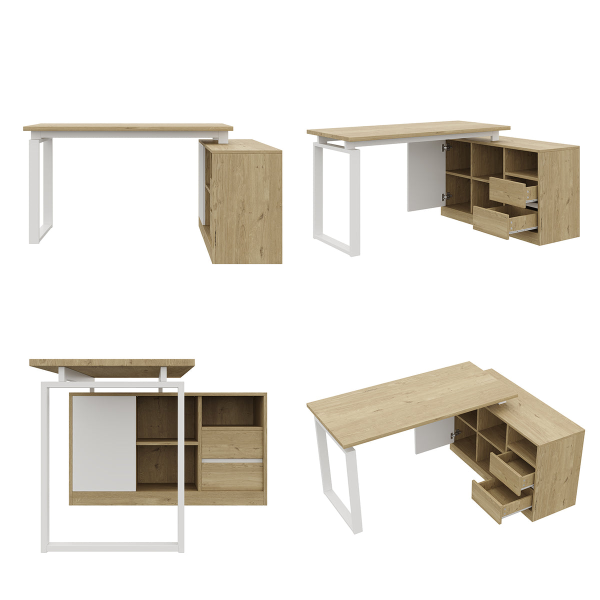Bureau MDF blanc et ton bois naturel en forme de L